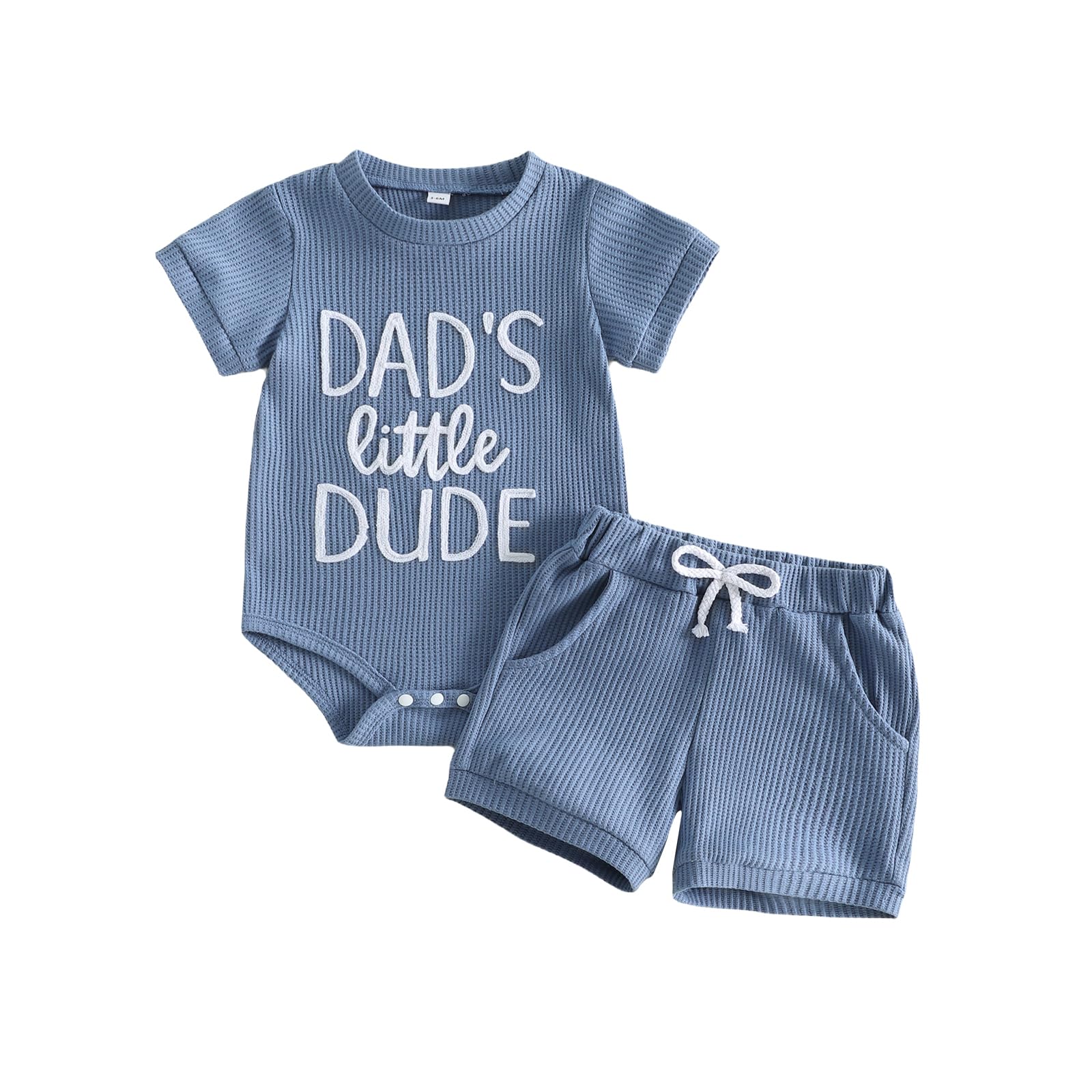 allshope Newborn Baby Boy Summer Outfit Set Dad Little Dude Embroidery Romper Jumpsuit Shorts Infant Waffle Clothes