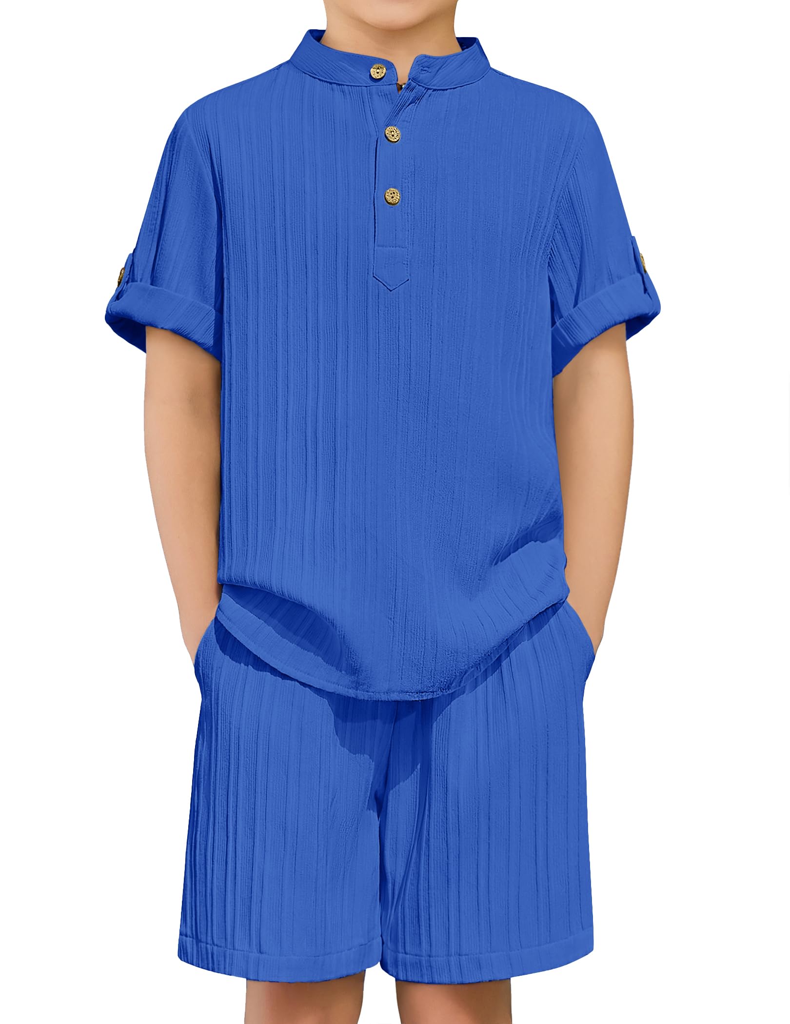 Arshiner Boys 2 Piece Summer Beach Outfits Textured Henley Shirts and Shorts Set Casual Vacation Clothes for 4-12 Years Kids