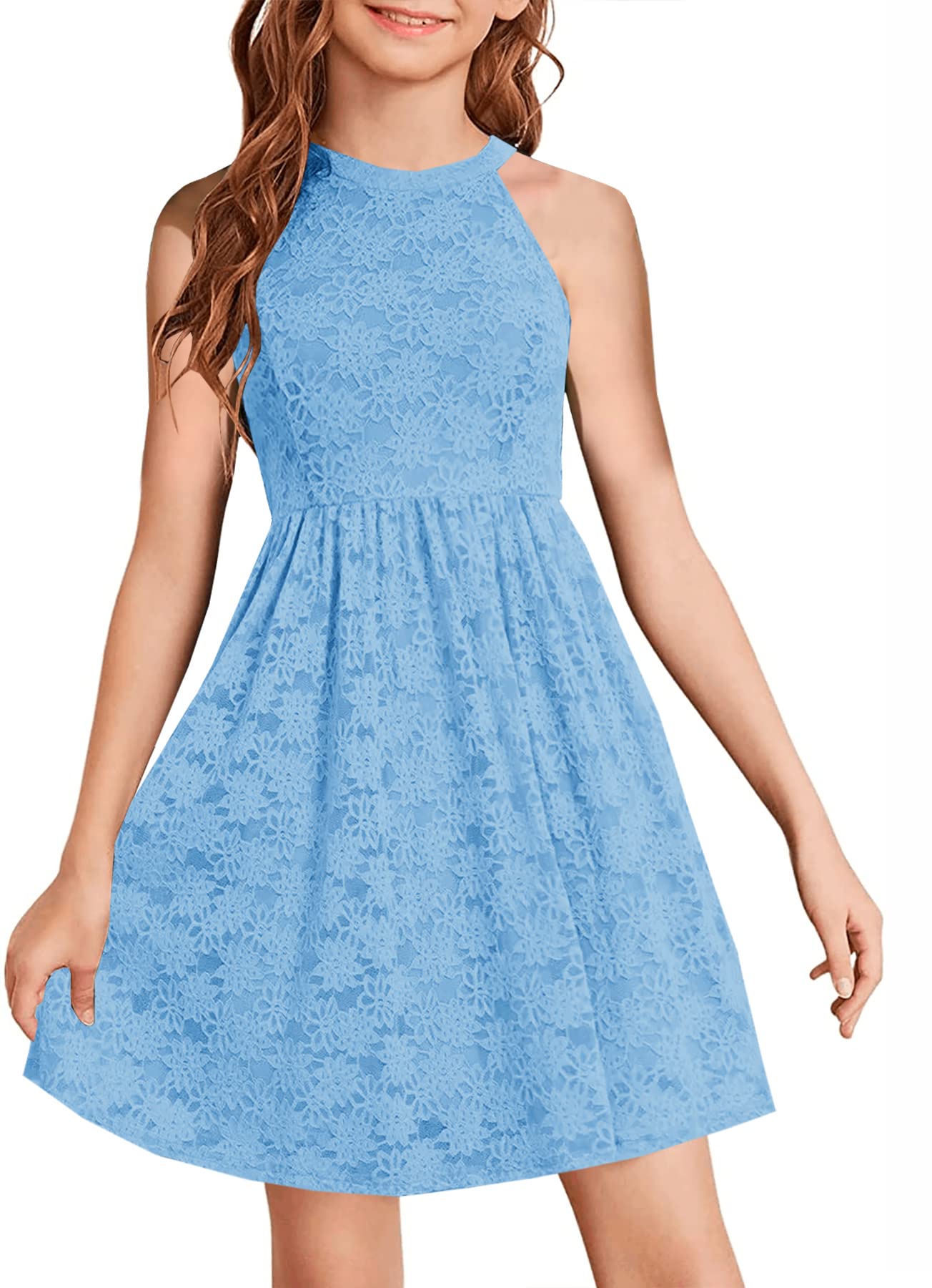 HOSIKA Girls Halter Neck Sleeveless Elegant Floral Lace A-line Flared Swing Party Dress for 6-12 Years Kid