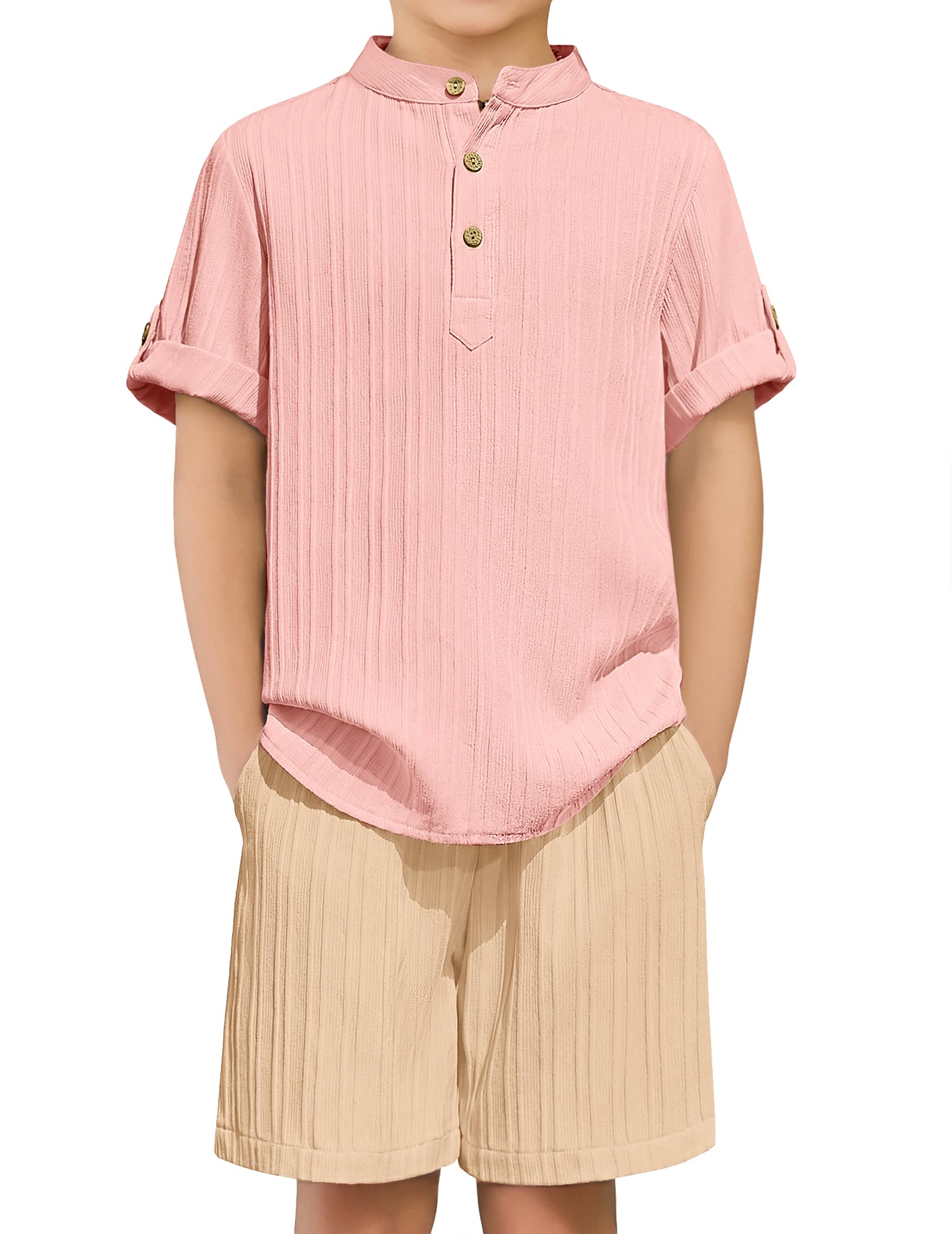 Arshiner Boys 2 Piece Summer Beach Outfits Textured Henley Shirts and Shorts Set Casual Vacation Clothes for 4-12 Years Kids