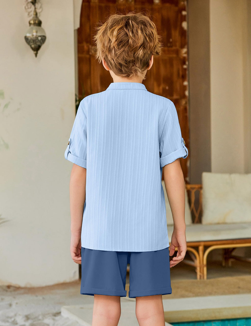 Arshiner Boy's 2 Piece Beach Outfit Short Sleeve Textured Button Down Shirt and Short Sets Summer Vacation Wear 4-12 Years
