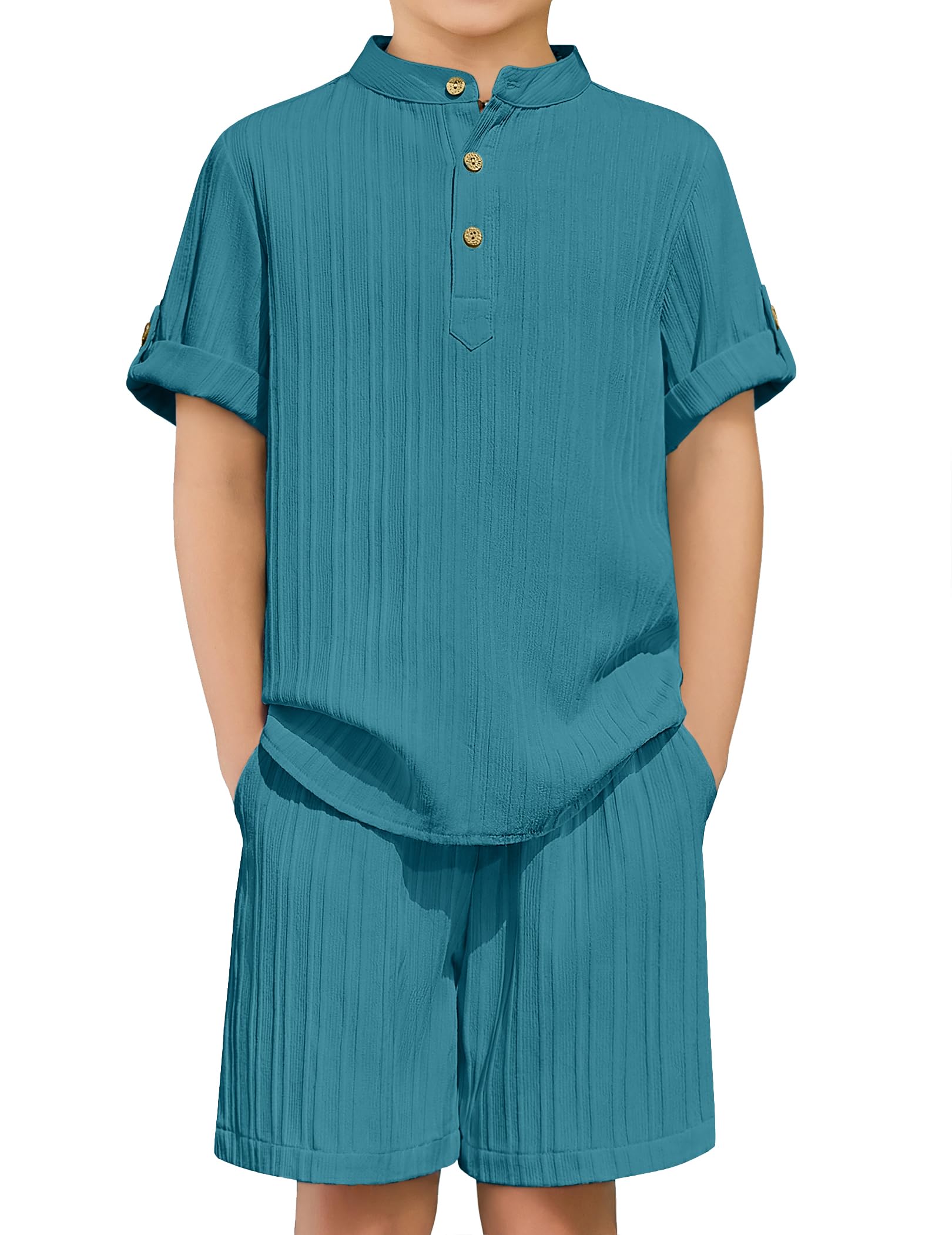 Arshiner Boys 2 Piece Summer Beach Outfits Textured Henley Shirts and Shorts Set Casual Vacation Clothes for 4-12 Years Kids