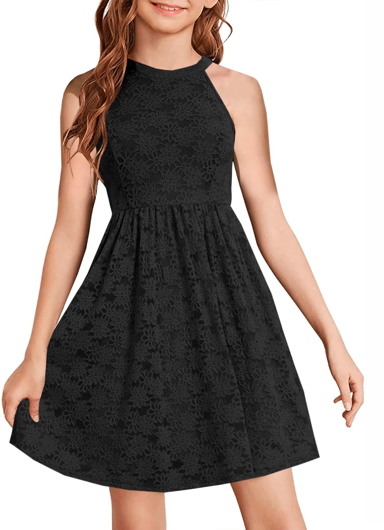 HOSIKA Girls Halter Neck Sleeveless Elegant Floral Lace A-line Flared Swing Party Dress for 6-12 Years Kid
