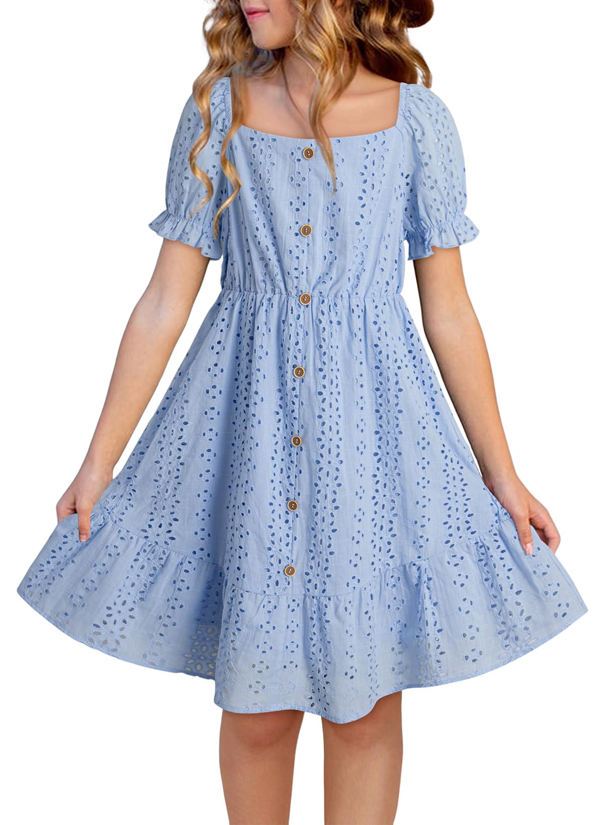 DOKOTOO KIDS Girls Dresses Summer Short Sleeve Casual A-line Button Down Eyelet Midi Dress 6-15 Years