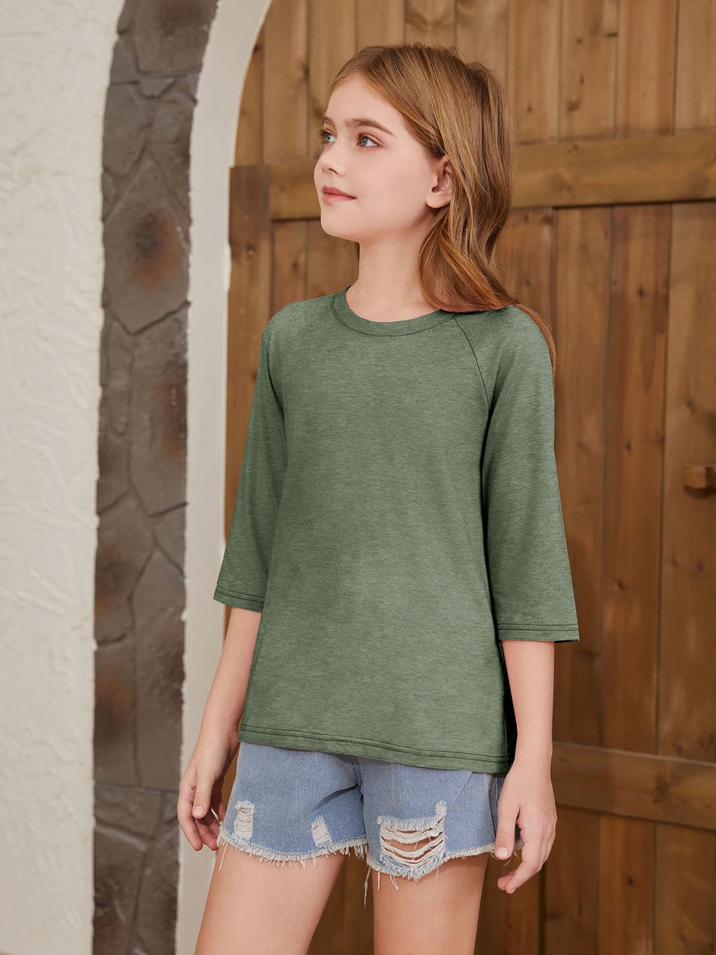 ZDC Girls Casual 3/4 Sleeve T Shirts Kids Cute Crewneck Tops Basic Tees Blouse for 5-14 Years