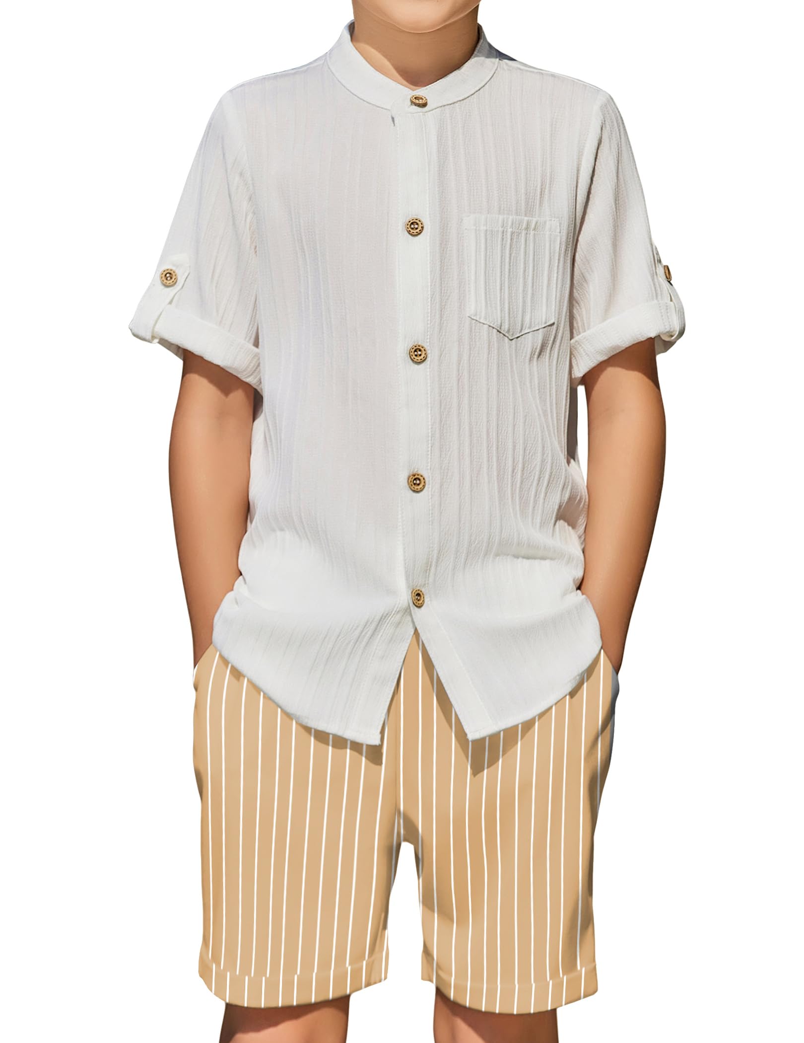 Arshiner Boy's 2 Piece Beach Outfit Short Sleeve Textured Button Down Shirt and Short Sets Summer Vacation Wear 4-12 Years