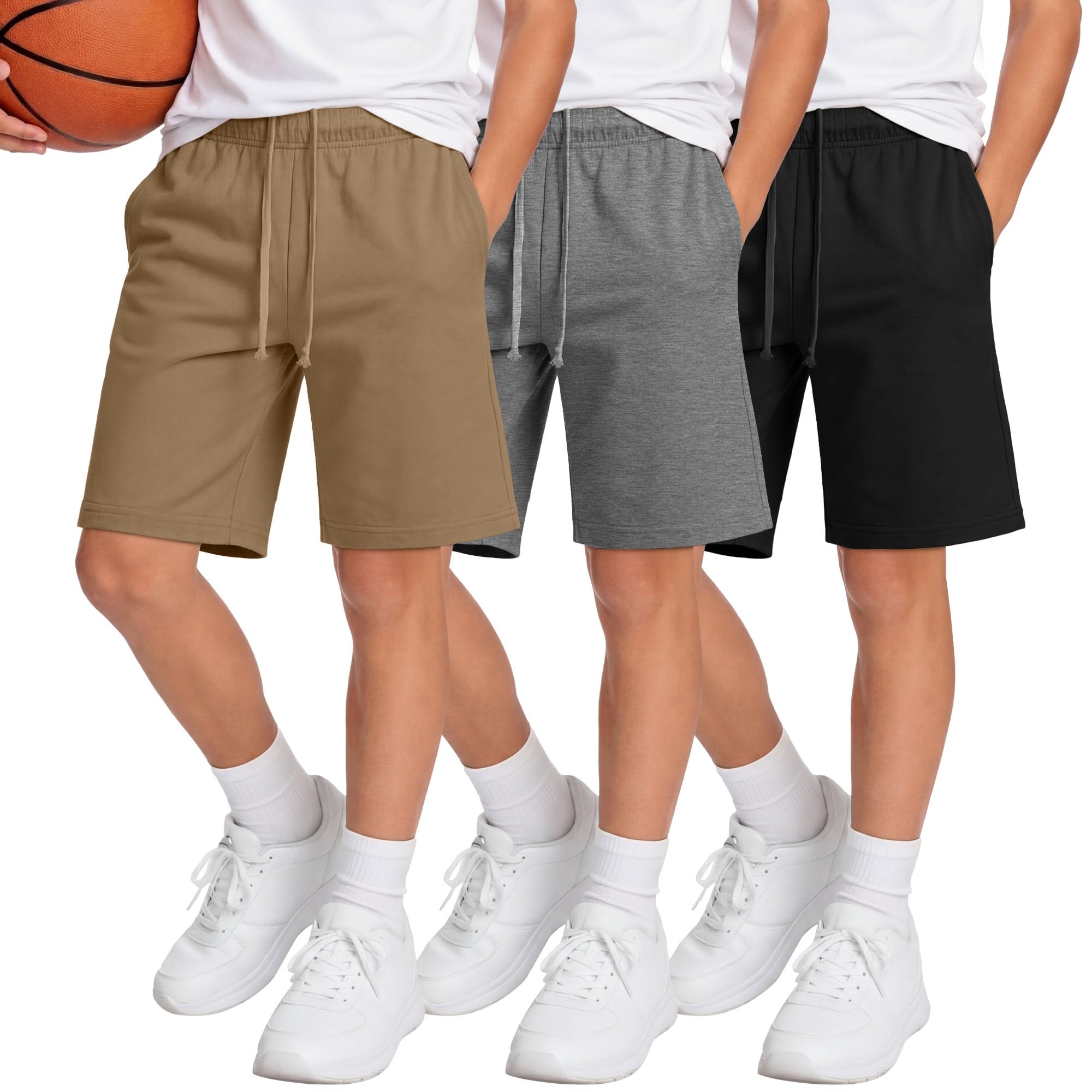 Langyiwee 3 Pack Boys Shorts Kids Baggy Athletic Sweat Shorts with Pockets Elastic Waist Summer Casual Joggers, 6-16 Years