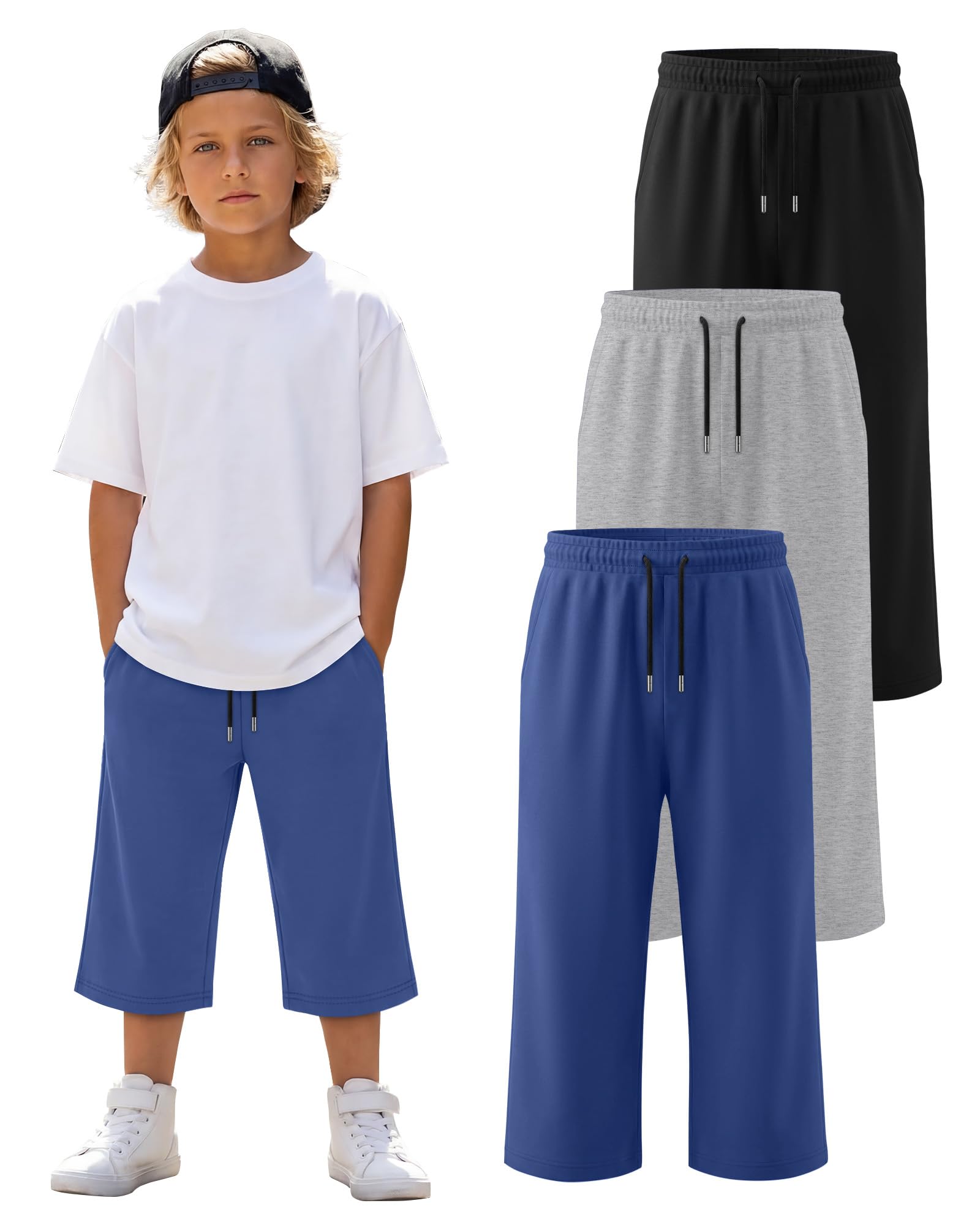 LessonZoo 3 Pack Boys Capri Pants Teen Kids Wide Leg Drawstring Joggers Below Knee Shorts 3/4 Baggy Sweatpants with Pockets