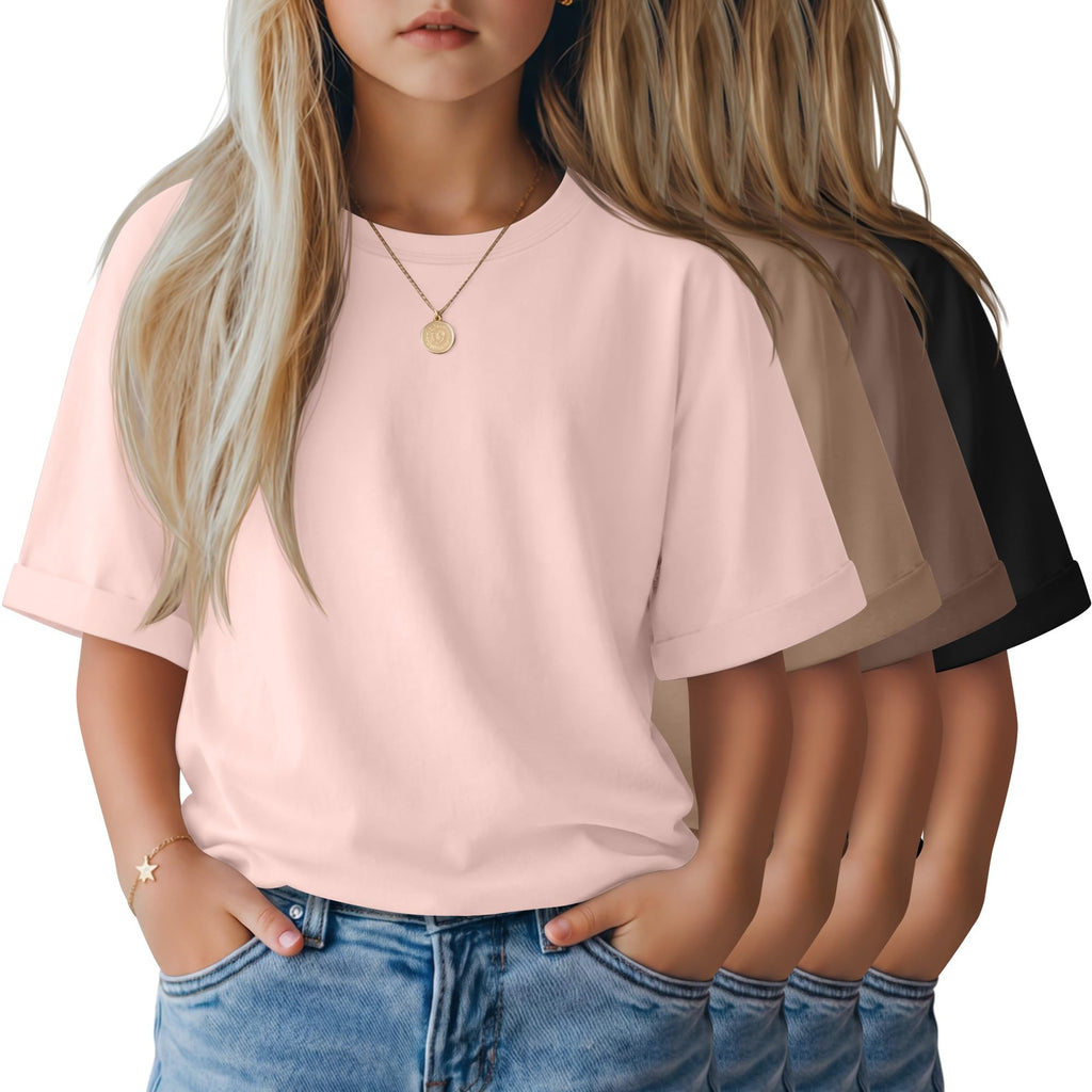 LessonZoo 4 Pack Girls' Oversized T-Shirts Rolled Short Sleeve Shirts Loose Fit Crew Neck Tops Casual Basic 5-14 Years Tees