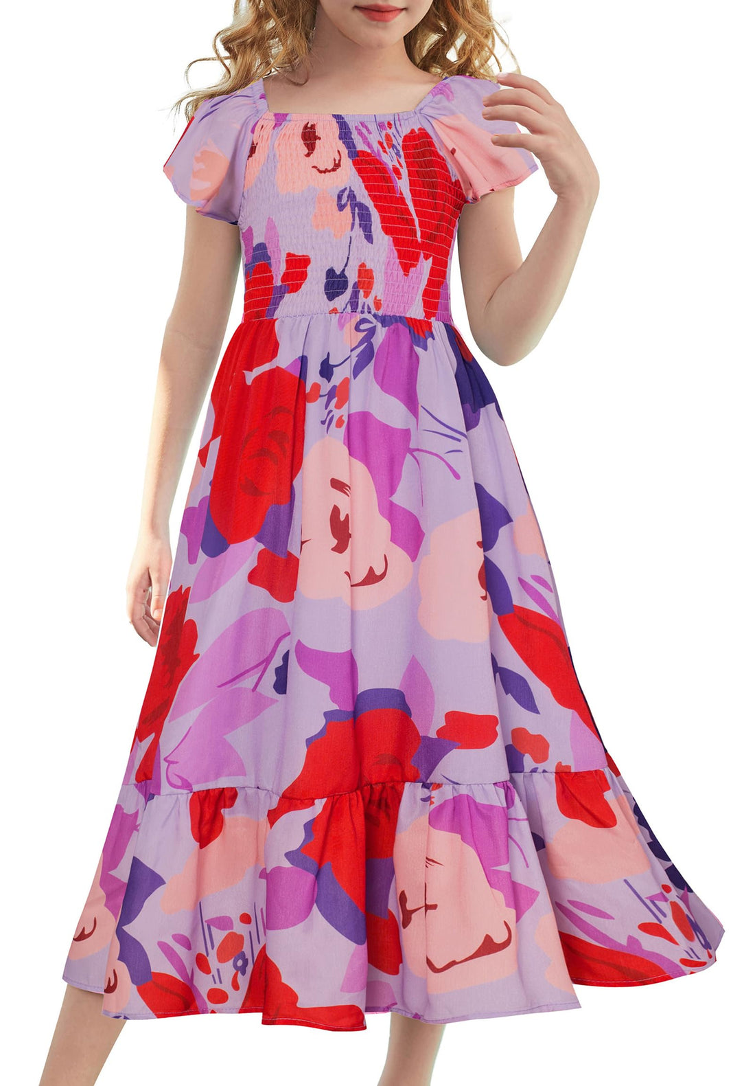 Girls Floral Flutter Sleeve Smocked Midi Summer Dress