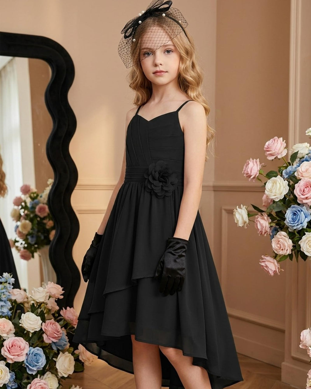 GRACE KARIN Girls Chiffon Summer Dresses Teen Long Party Formal Dress Flower Bridesmaid Straps Shirred High Low Clothes 6-14