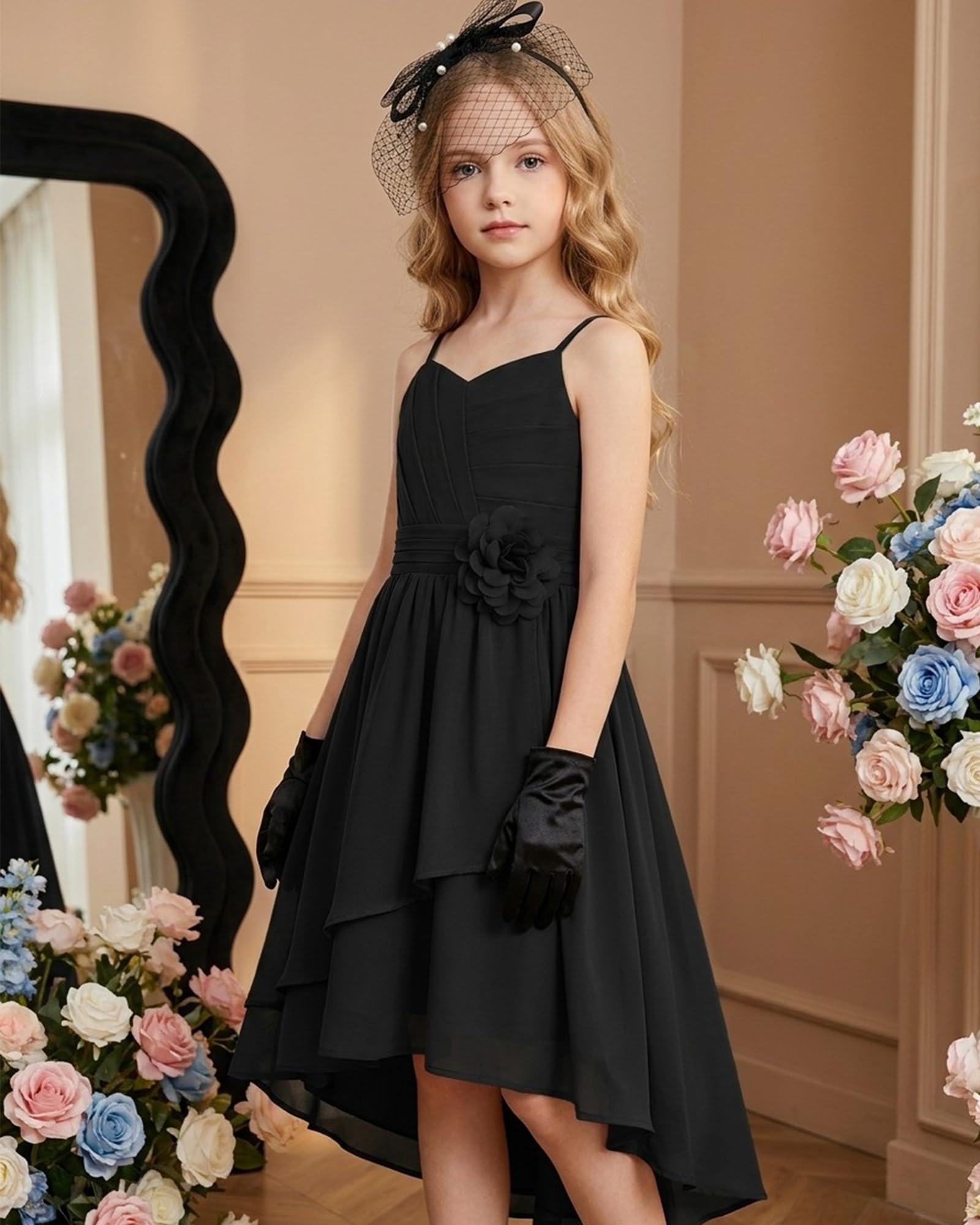 GRACE KARIN Girls Chiffon Summer Dresses Teen Long Party Formal Dress Flower Bridesmaid Straps Shirred High Low Clothes 6-14