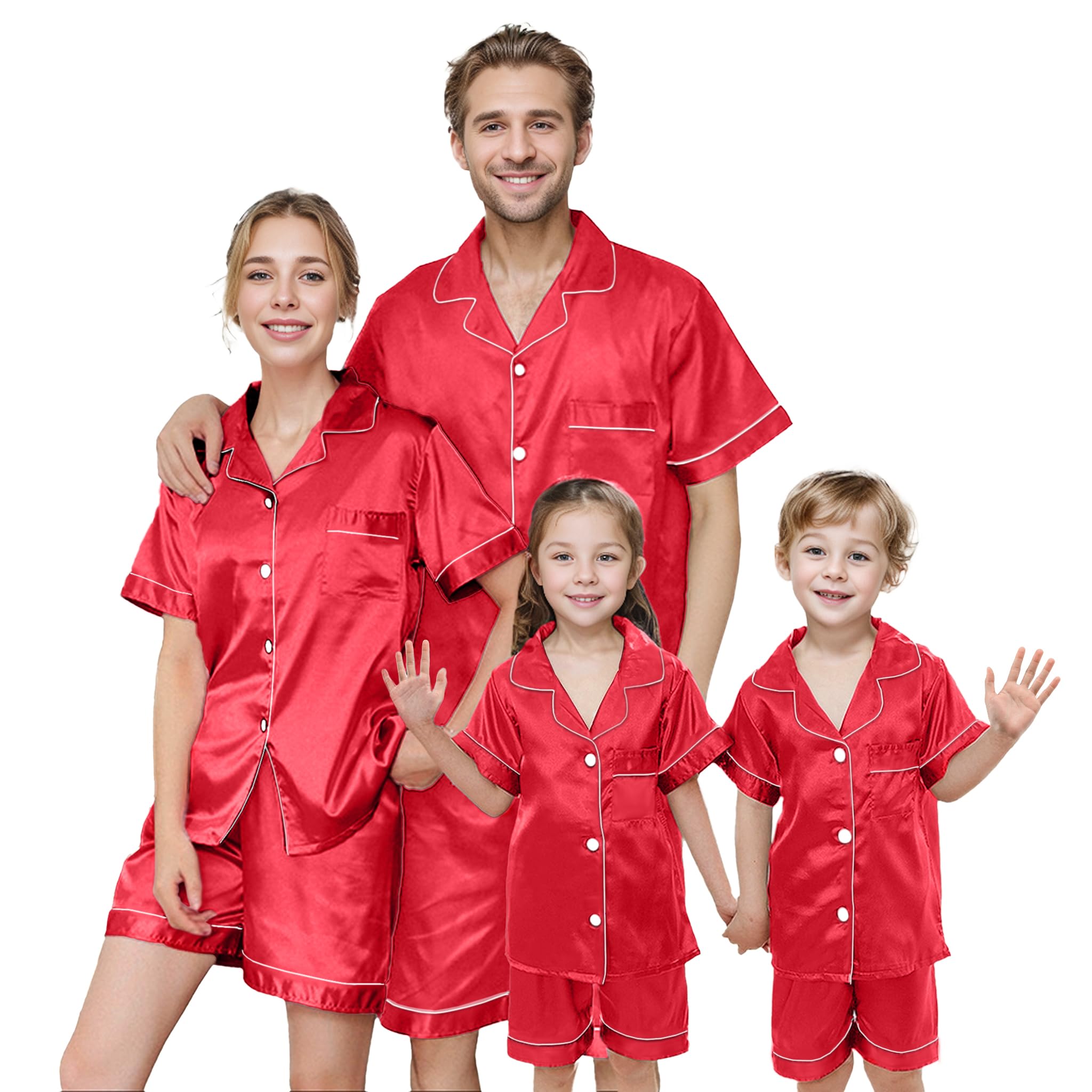 IFFEI Matching Family Silk Pajamas Set Satin Button Down Loungewear 2 Piece Top and Shorts Pjs for Couples with Pocket