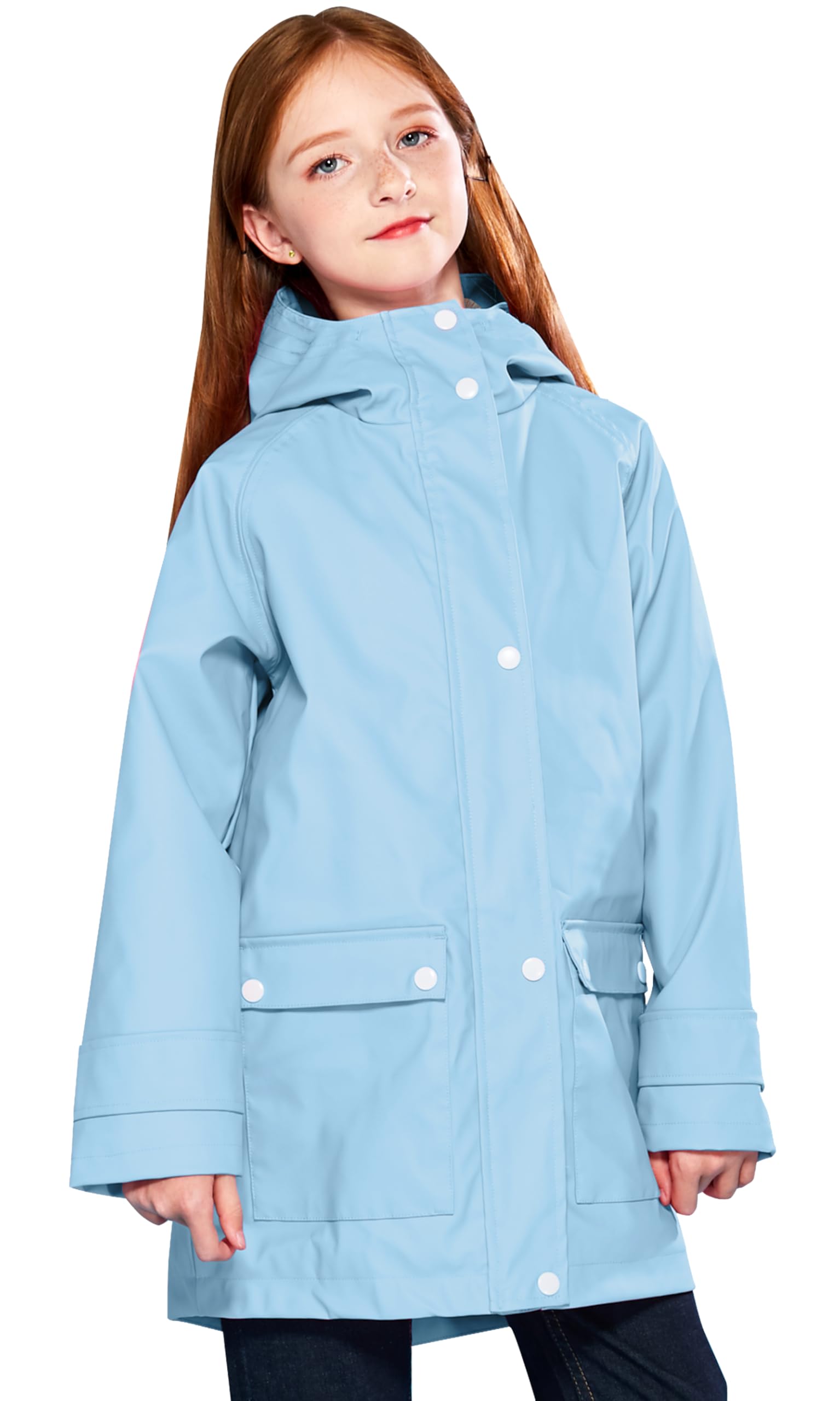 SOLOCOTE Kids Rain Jacket Hooded Lined Rubber RainCoats for Girls Boys Waterproof Windproof Size 5-14Y