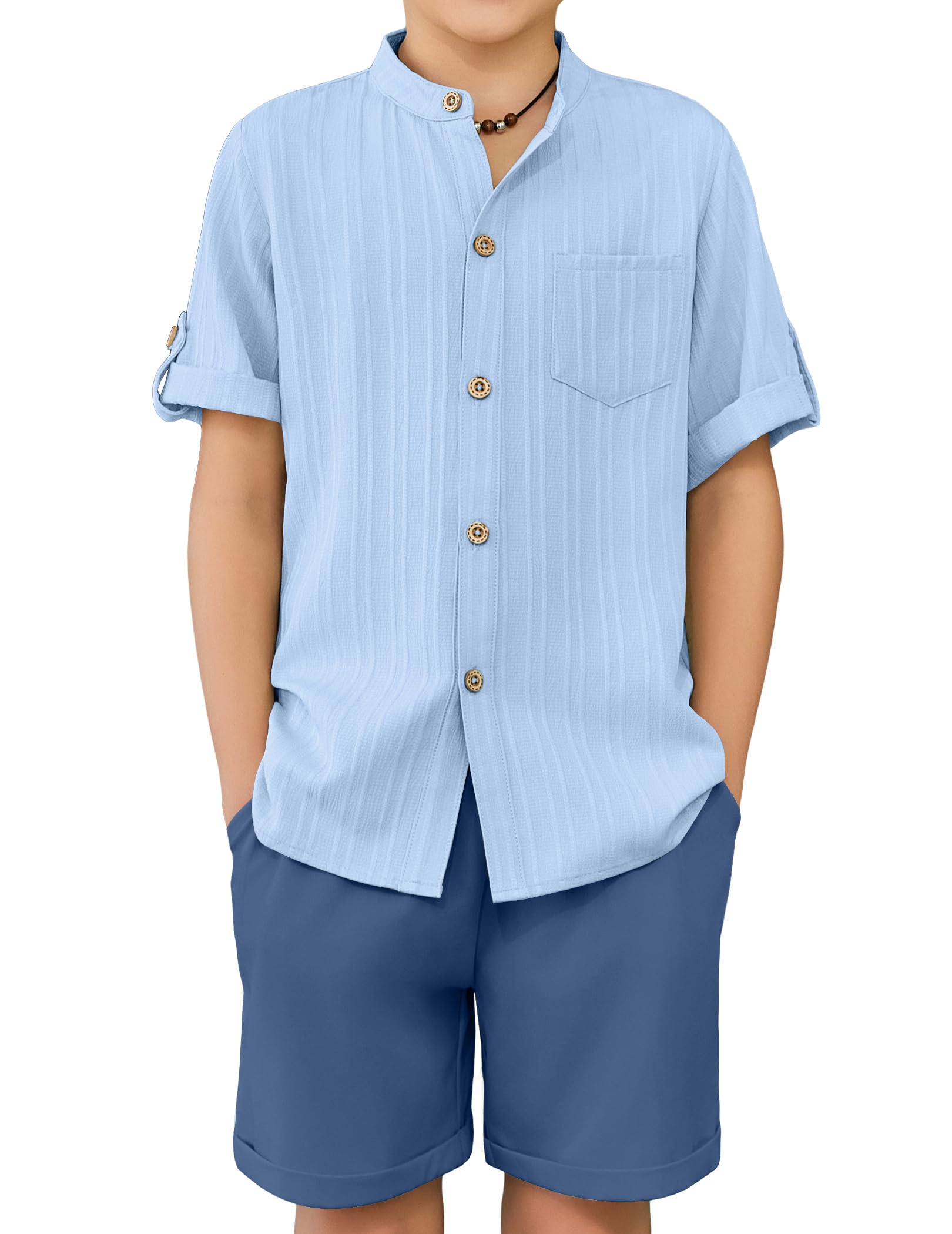 Arshiner Boy's 2 Piece Beach Outfit Short Sleeve Textured Button Down Shirt and Short Sets Summer Vacation Wear 4-12 Years