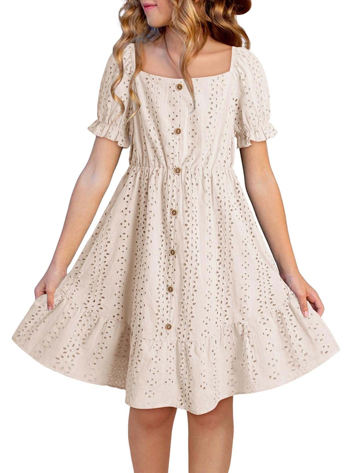 DOKOTOO KIDS Girls Dresses Summer Short Sleeve Casual A-line Button Down Eyelet Midi Dress 6-15 Years