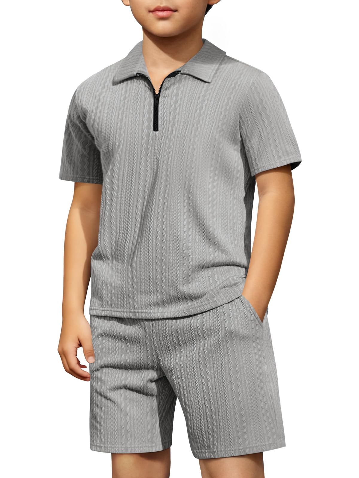 Haloumoning Boys 2 Piece Summer Outfits Kids Quarter Zip Polo Shirt and Shorts Set Athletic Tracksuit 5-14 Years