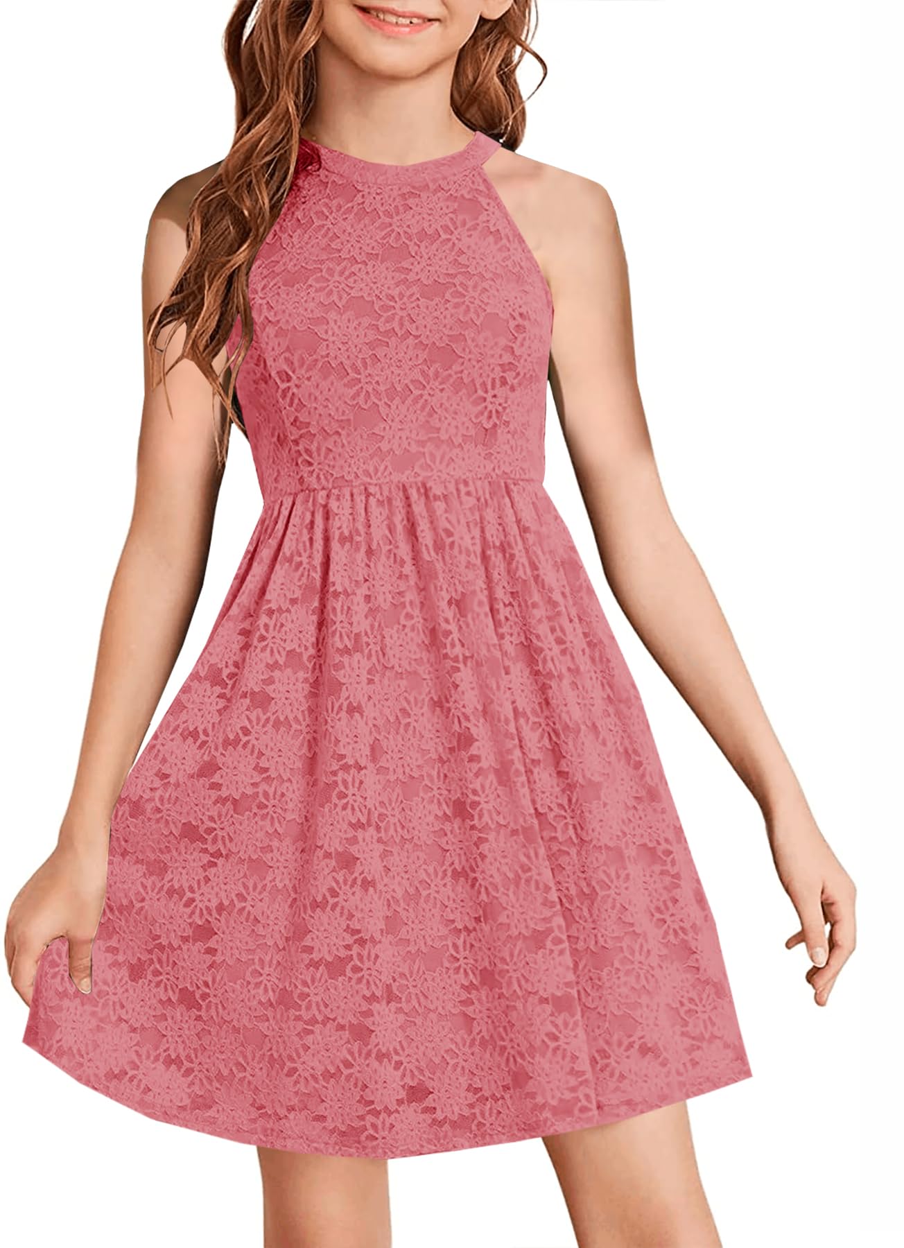 HOSIKA Girls Halter Neck Sleeveless Elegant Floral Lace A-line Flared Swing Party Dress for 6-12 Years Kid