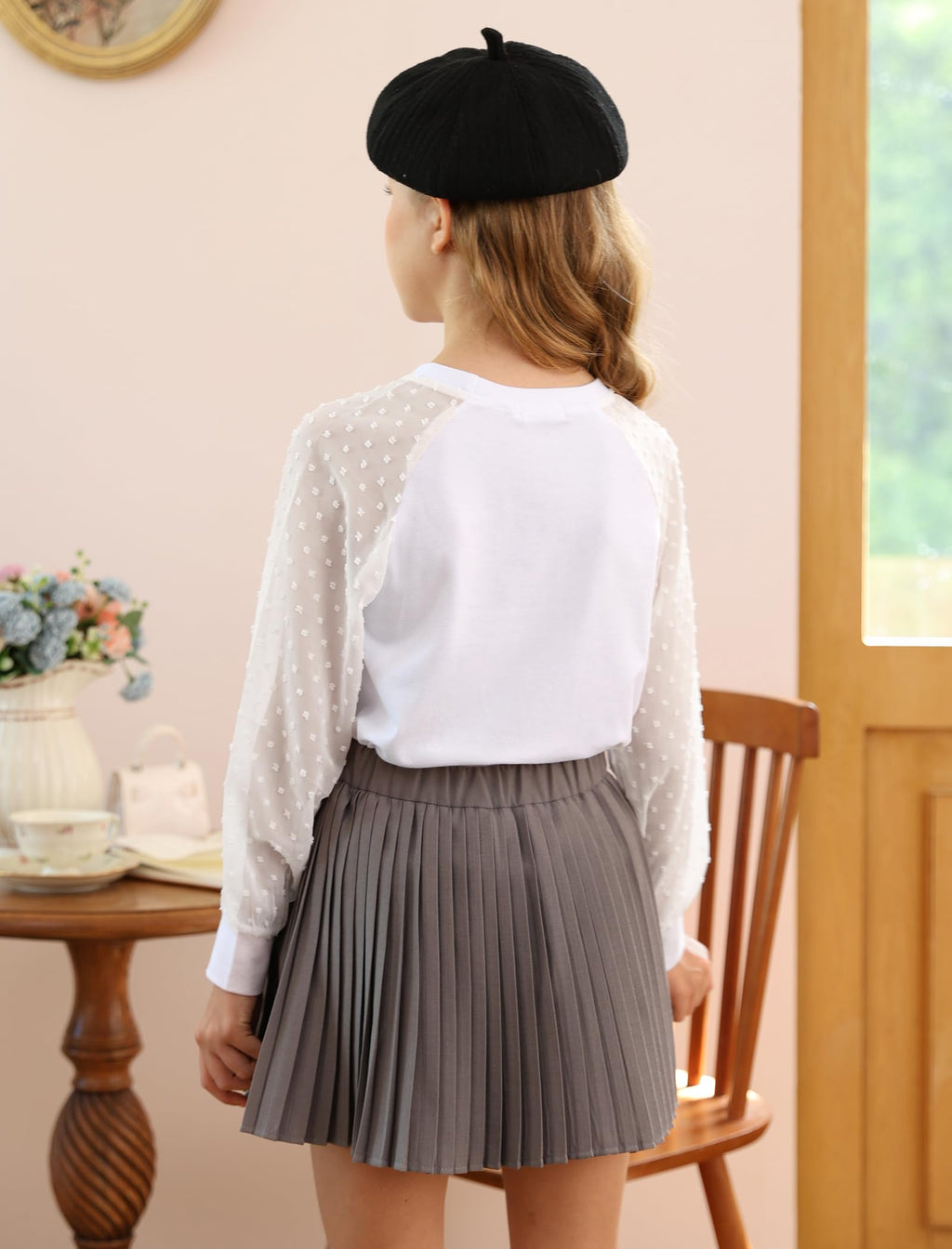 Yekaty Girls Shirts Casual Solid Color Crewneck Blouses Soft Long Sleeve Swiss Dots Chiffon Tops