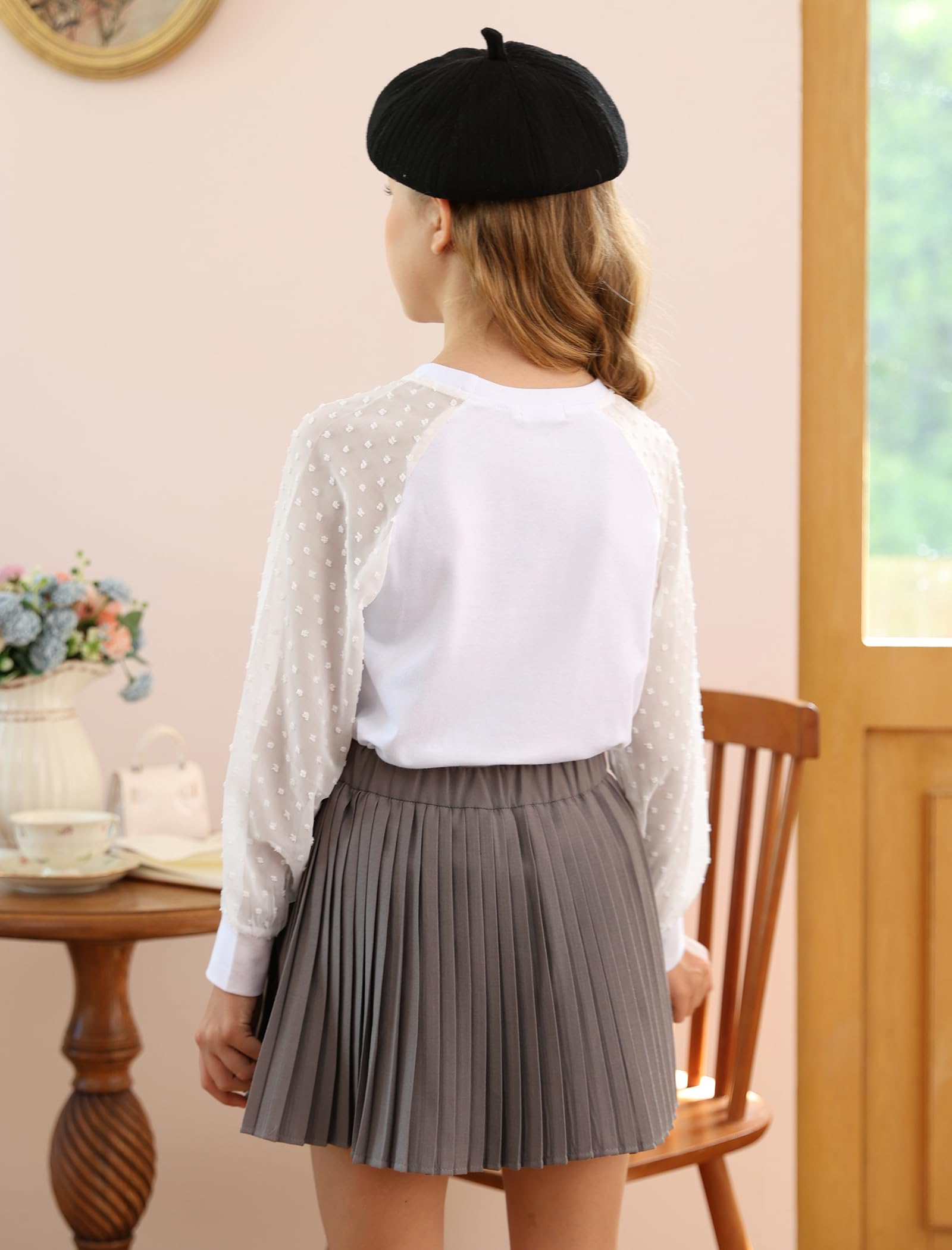 Yekaty Girls Shirts Casual Solid Color Crewneck Blouses Soft Long Sleeve Swiss Dots Chiffon Tops
