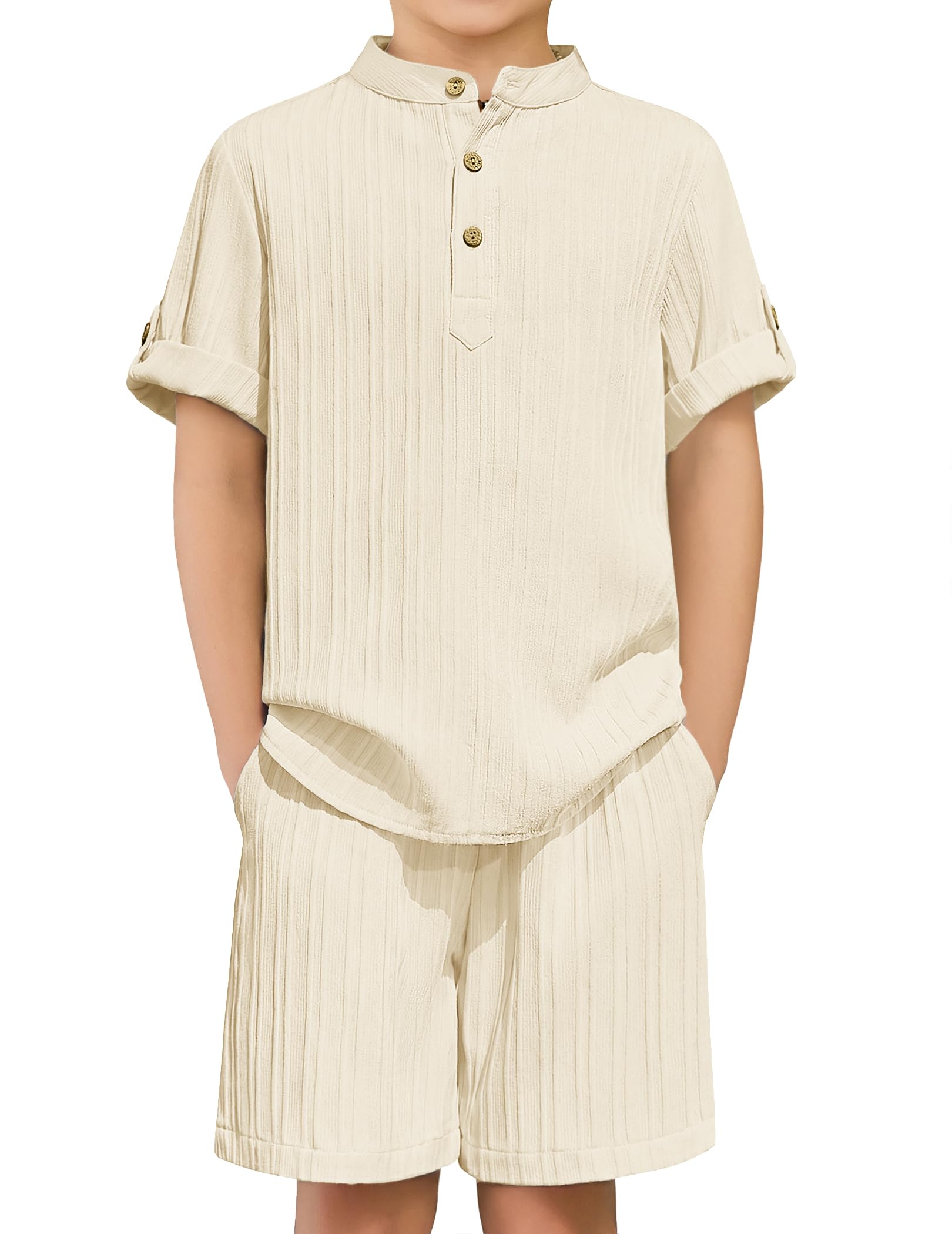 Arshiner Boys 2 Piece Summer Beach Outfits Textured Henley Shirts and Shorts Set Casual Vacation Clothes for 4-12 Years Kids