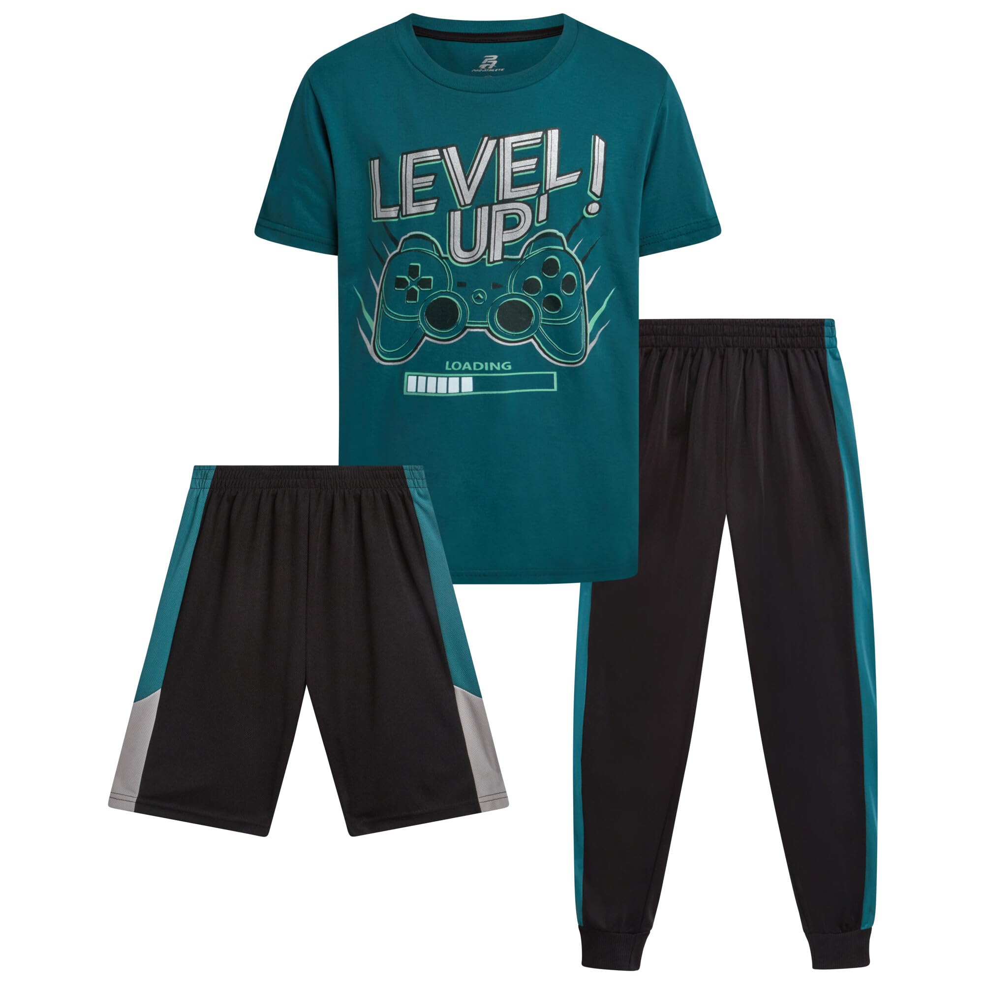Pro Athlete Boys Pants Set - 3 Piece Active Short Sleeve Graphic Tees Athletic Shorts and Jogger Sweatpants for Boys