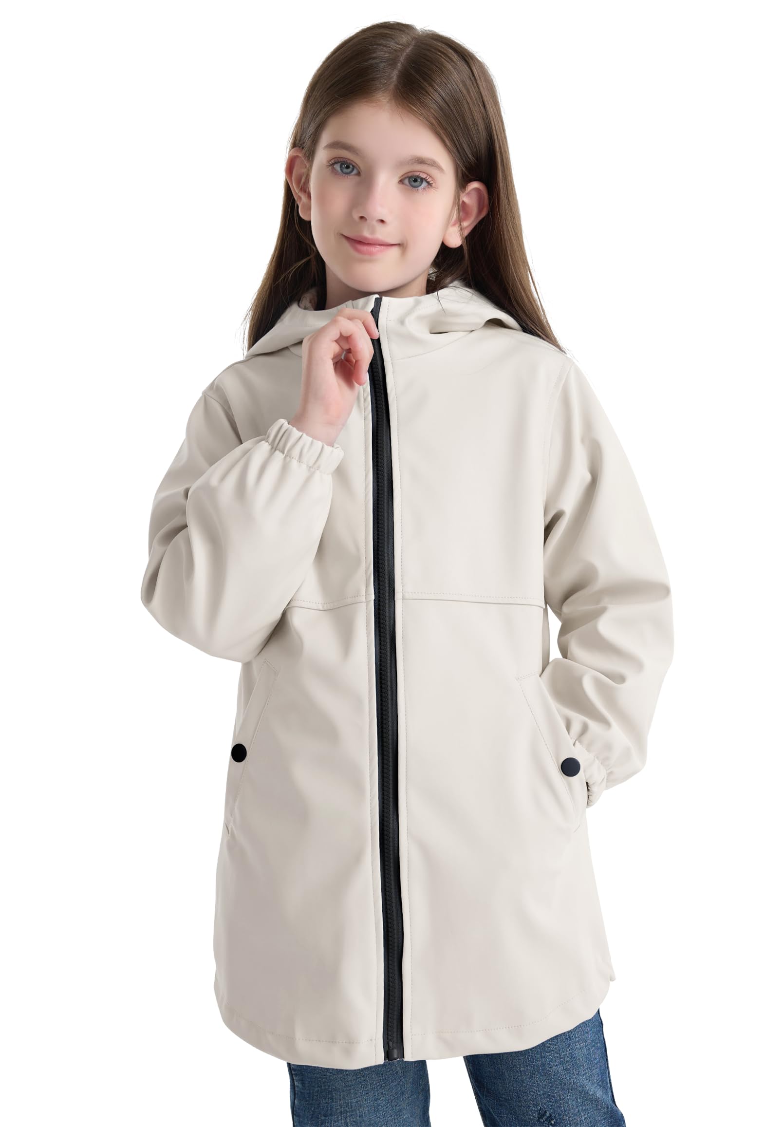 SOLOCOTE Kids Rain Jacket Hooded Lined Rubber RainCoats for Girls Boys Waterproof Windproof Size 5-14Y
