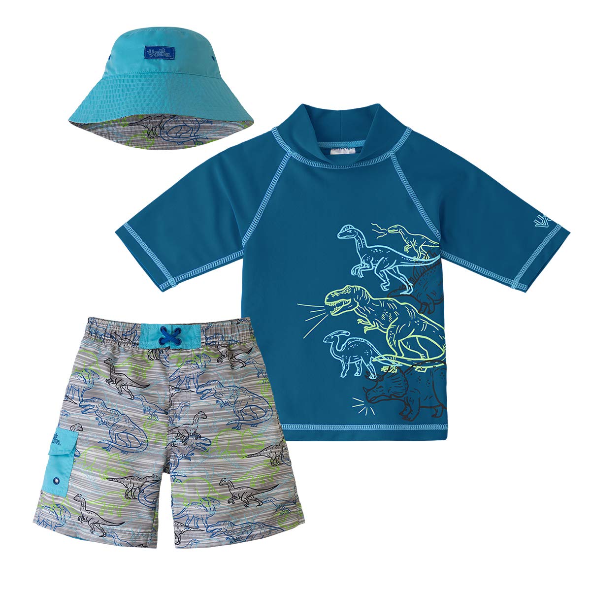UV SKINZ Boys 3-Piece Swim Set with UPF 50+ Long Sleeve Rash Guard, Swim Shorts & Hat
