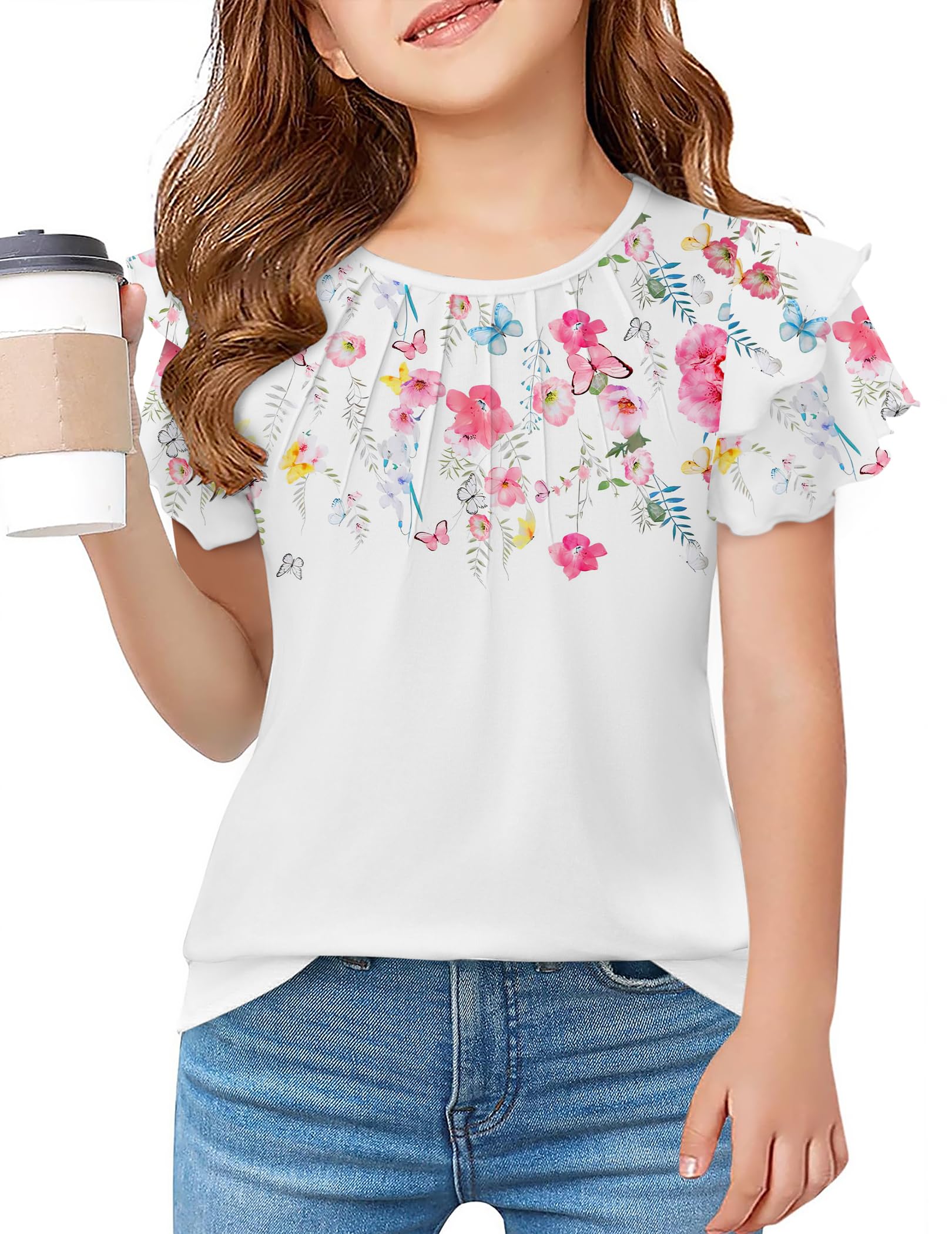 Arshiner Girls T Shirts Ruffle Short Sleeve Summer Pleated Crewneck Casual Tops Tees Blouses
