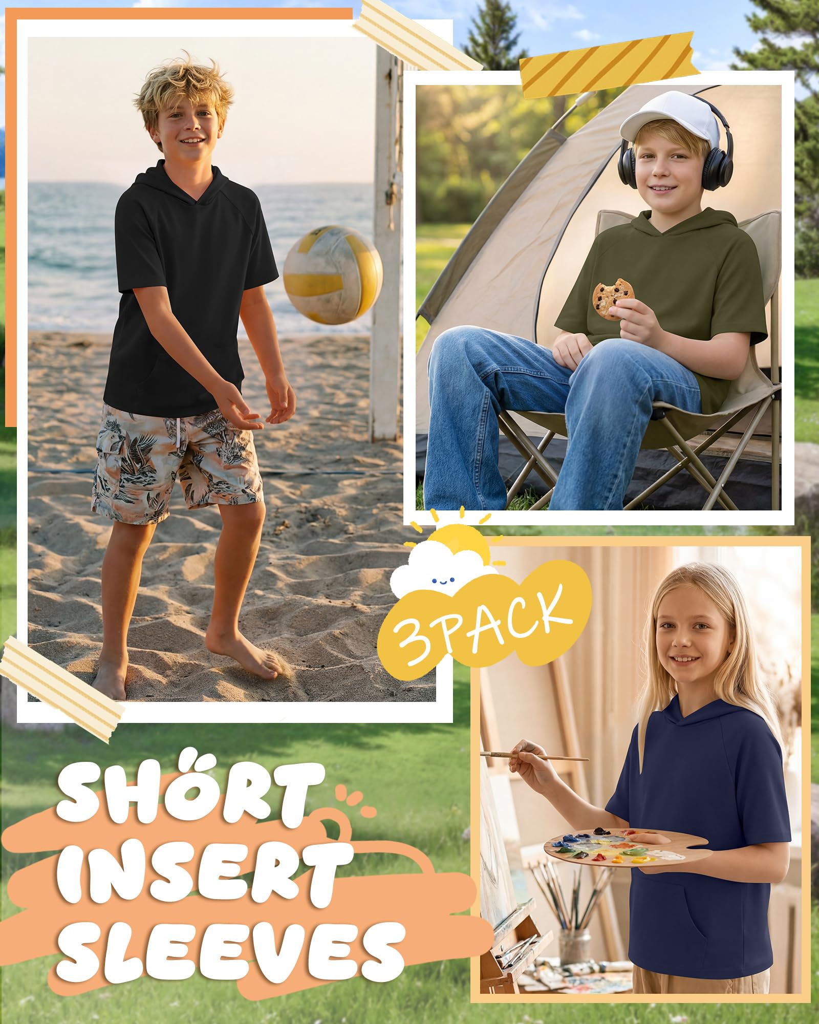 Xaatren 3 Pack Boys Short Sleeve Hoodie Kids Summer Hooded Pullover Shirts with Pocket Teen Athletic Hoodie Sweatshirt
