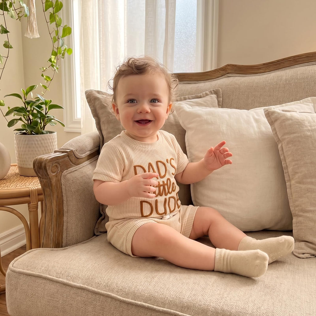 allshope Newborn Baby Boy Summer Outfit Set Dad Little Dude Embroidery Romper Jumpsuit Shorts Infant Waffle Clothes