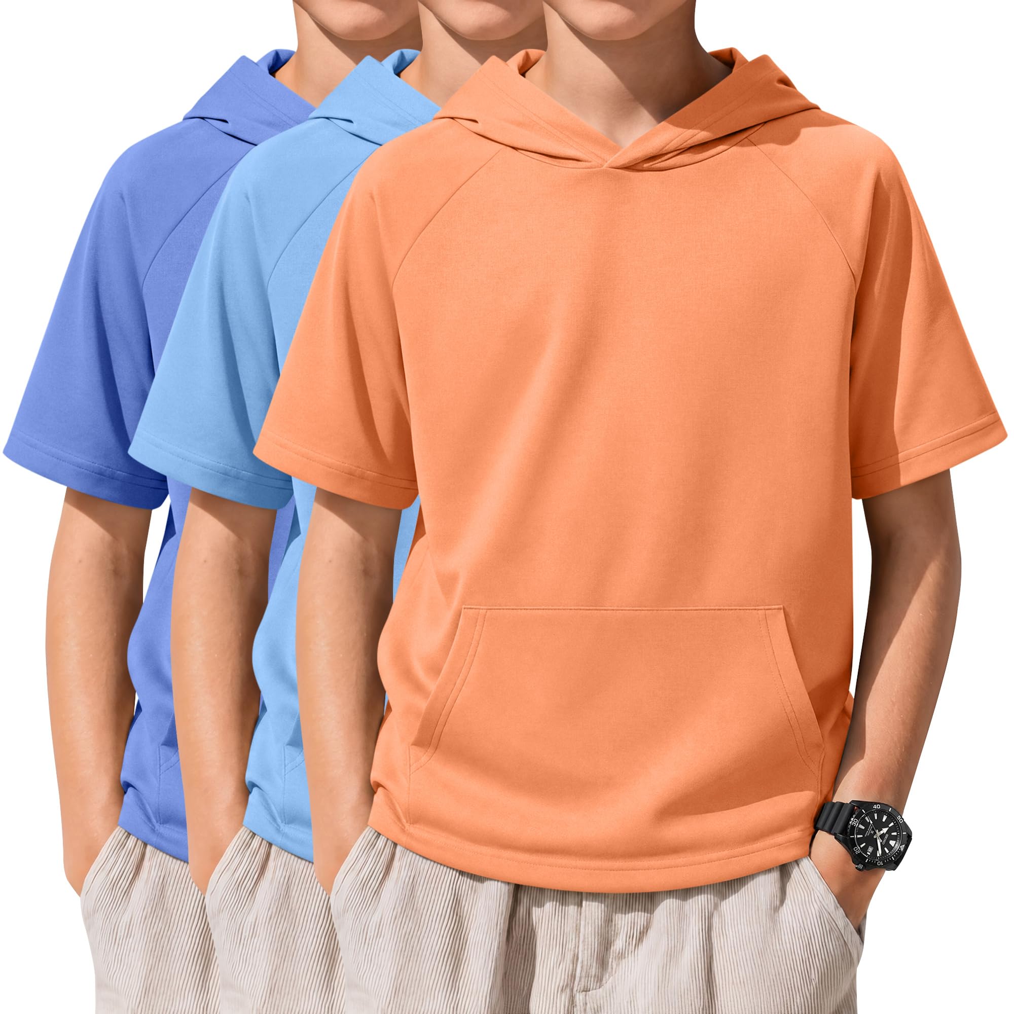 Xaatren 3 Pack Boys Short Sleeve Hoodie Kids Summer Hooded Pullover Shirts with Pocket Teen Athletic Hoodie Sweatshirt