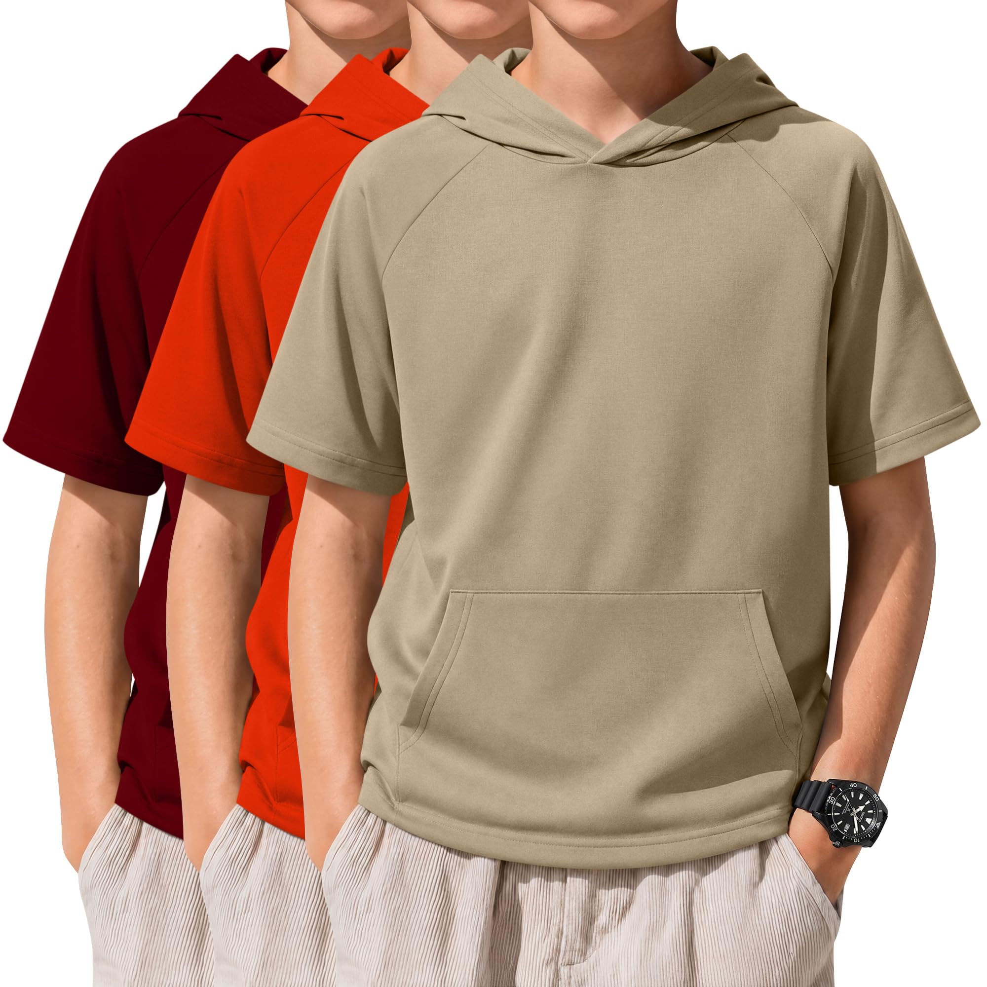 Xaatren 3 Pack Boys Short Sleeve Hoodie Kids Summer Hooded Pullover Shirts with Pocket Teen Athletic Hoodie Sweatshirt