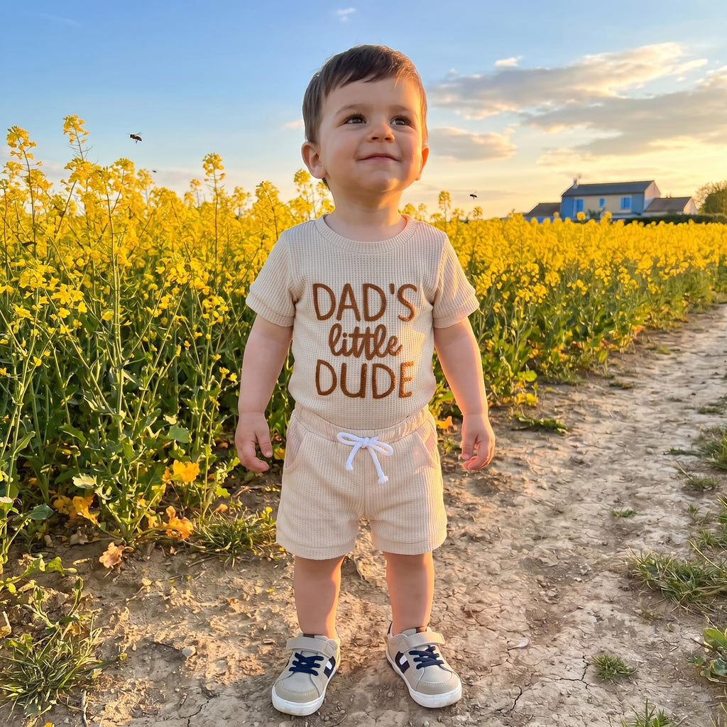allshope Newborn Baby Boy Summer Outfit Set Dad Little Dude Embroidery Romper Jumpsuit Shorts Infant Waffle Clothes