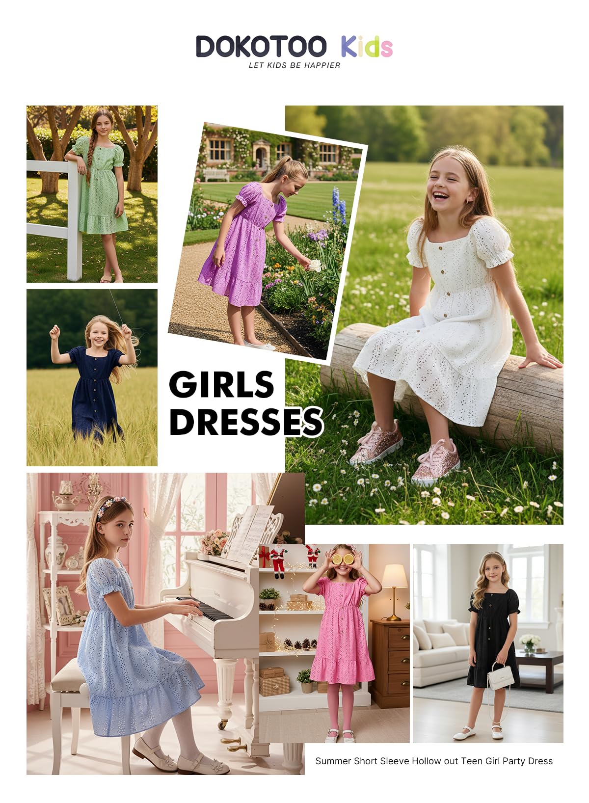 DOKOTOO KIDS Girls Dresses Summer Short Sleeve Casual A-line Button Down Eyelet Midi Dress 6-15 Years