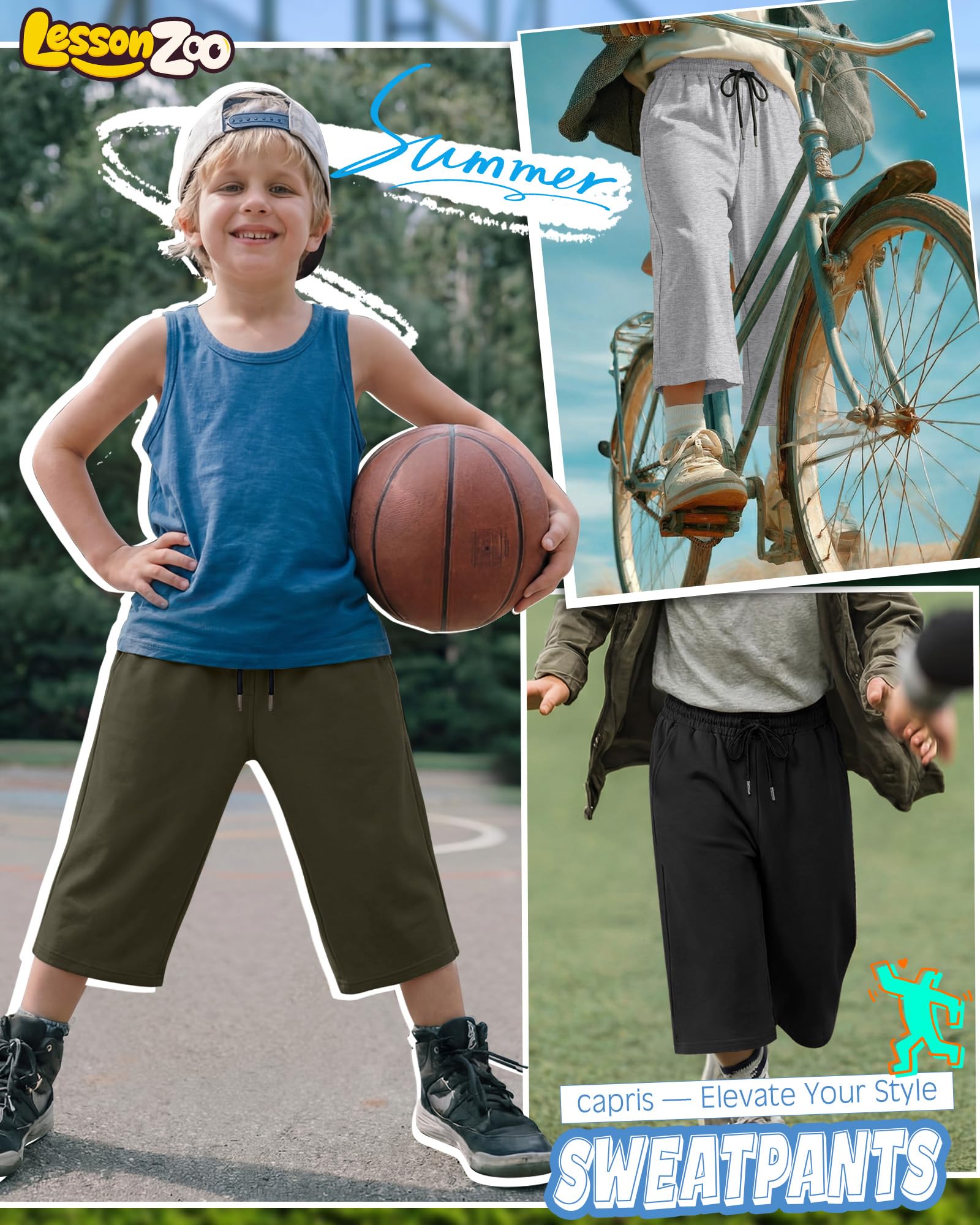 LessonZoo 3 Pack Boys Capri Pants Teen Kids Wide Leg Drawstring Joggers Below Knee Shorts 3/4 Baggy Sweatpants with Pockets