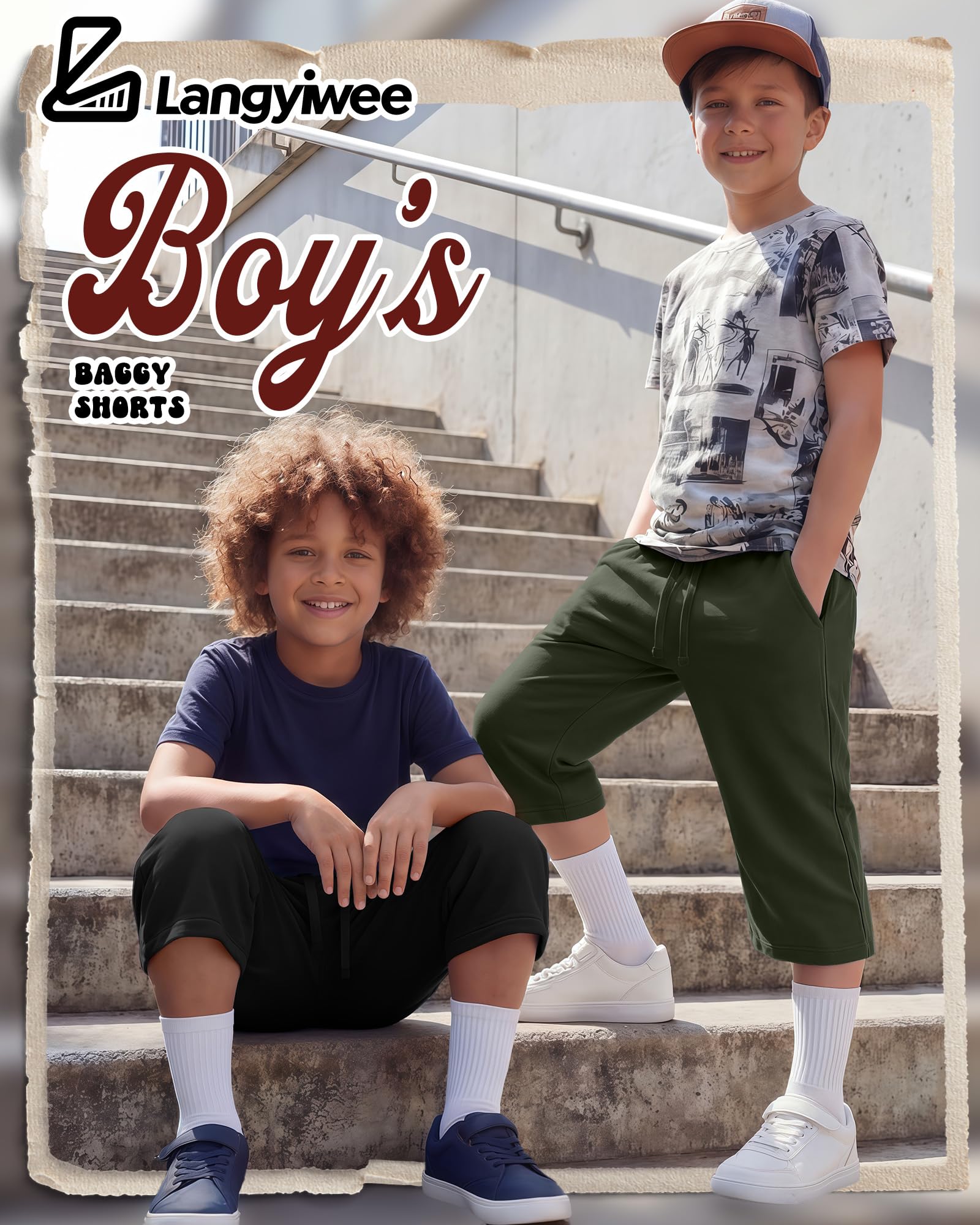 Langyiwee 3 Pack Boy's Long Shorts Wide Leg Athletic Lightweight Capri Pants with Pockets for 6-16 Years