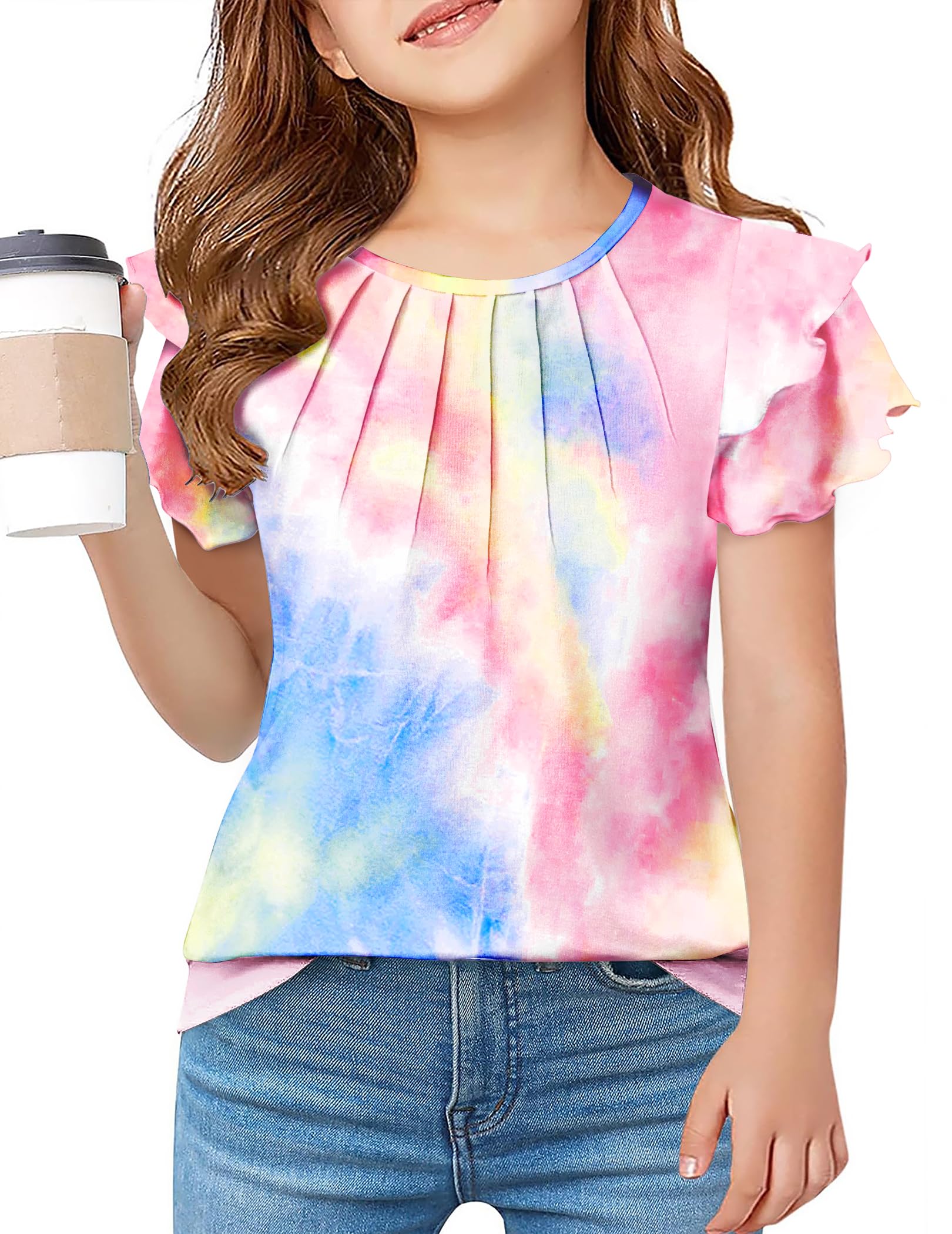 Arshiner Girls T Shirts Ruffle Short Sleeve Summer Pleated Crewneck Casual Tops Tees Blouses