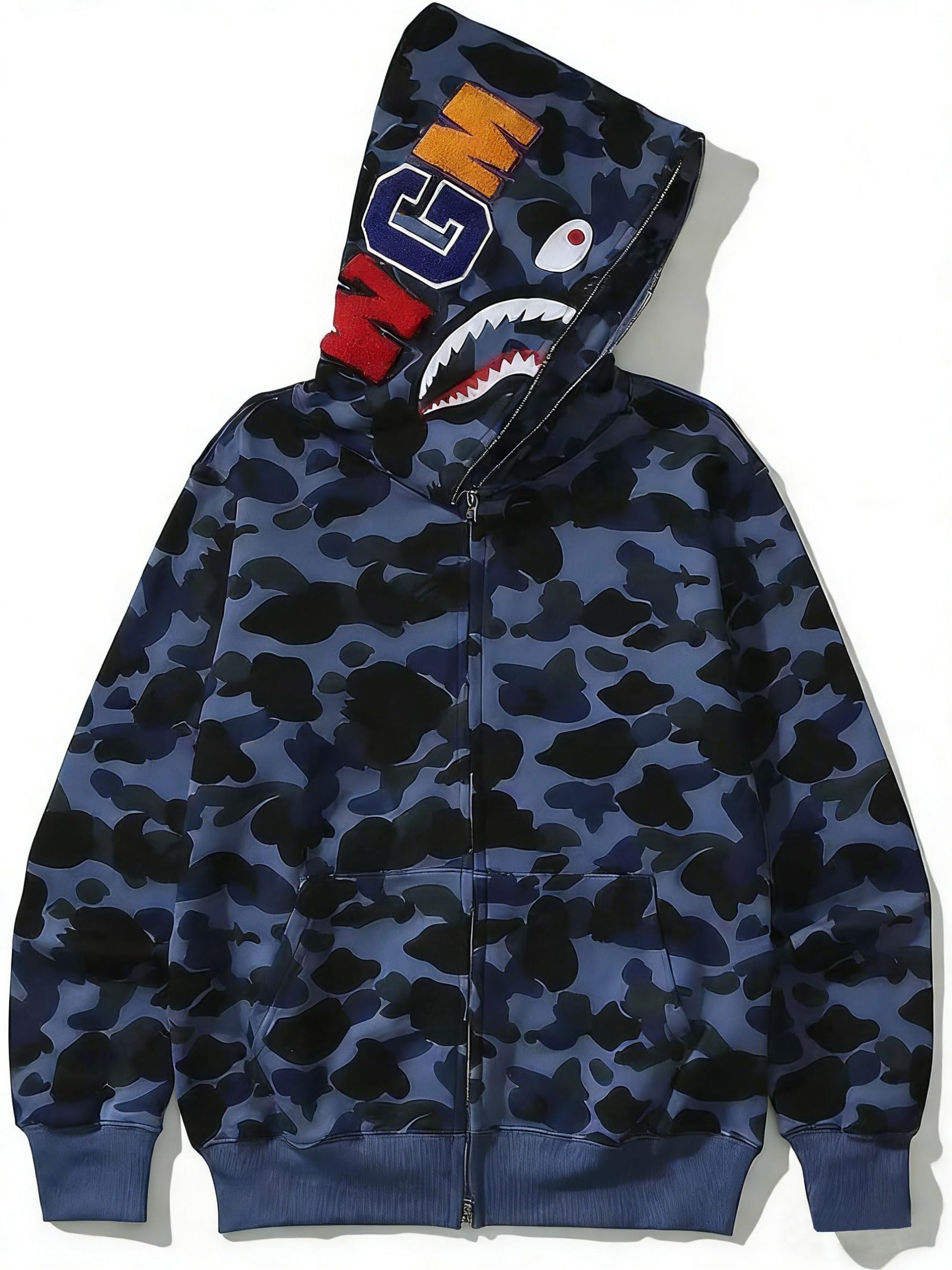 RICK TOP ONE Unisex Camouflage Hoodie with Shark Embroidery, Full Zip, Lightweight Couple sweatshirts heavyweight hoodie