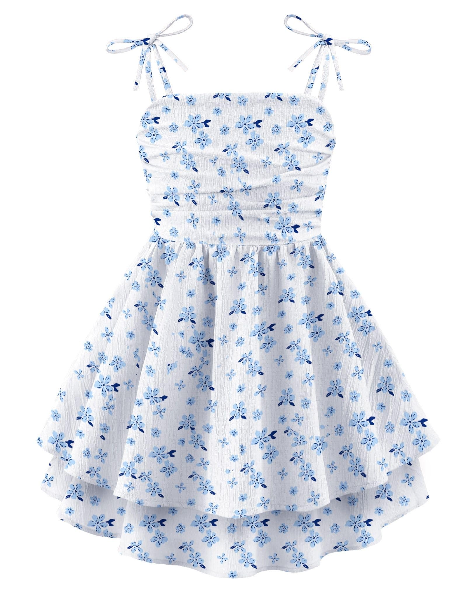 Arshiner Girls Summer Spaghetti Strap Dresses Flowy Tiered Ruched Smocked Back Casual Beach Midi Sundress