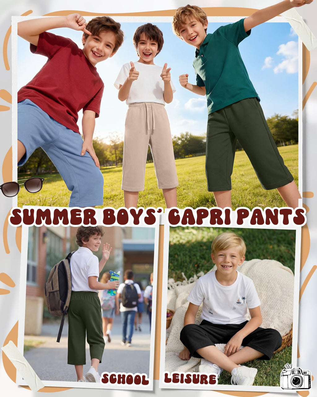 Langyiwee 3 Pack Boy's Long Shorts Wide Leg Athletic Lightweight Capri Pants with Pockets for 6-16 Years