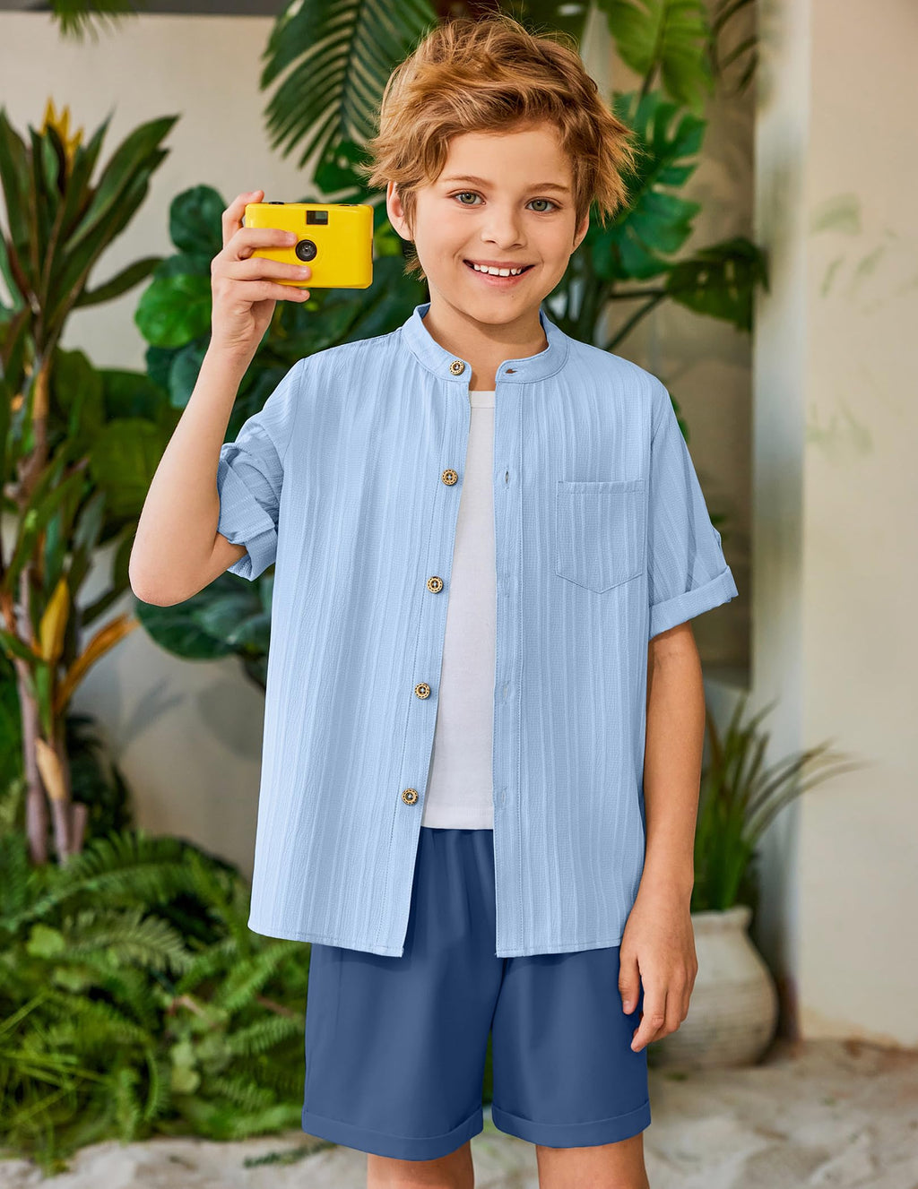 Arshiner Boy's 2 Piece Beach Outfit Short Sleeve Textured Button Down Shirt and Short Sets Summer Vacation Wear 4-12 Years