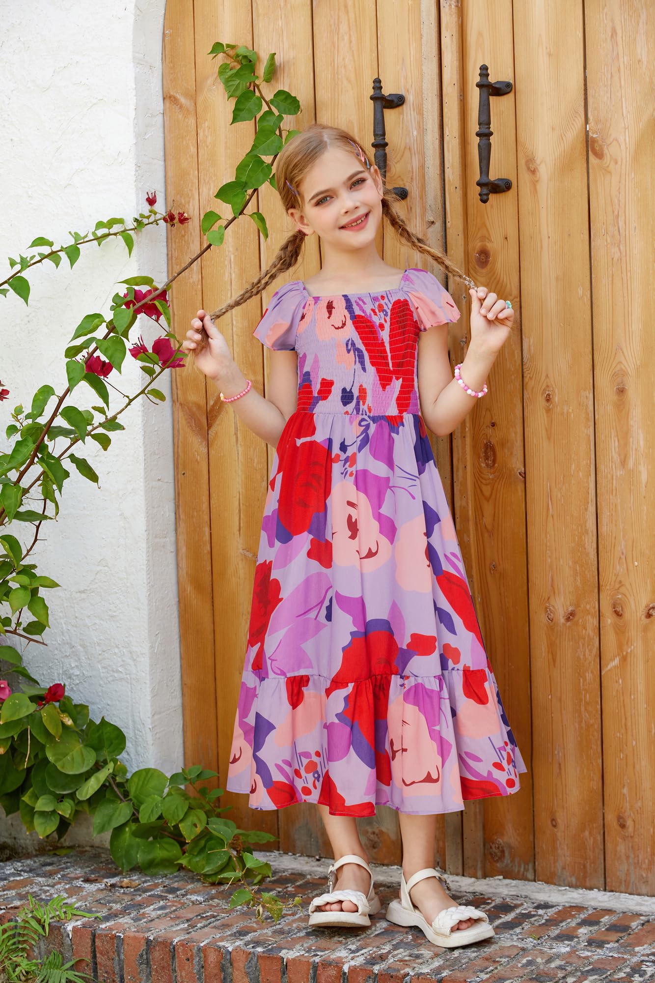 GRACE KARIN Girls Flutter Sleeve Floral Dresses Girl Long Midi Spring Dress Kids Smocked Flare Summer Dress 6-16Y