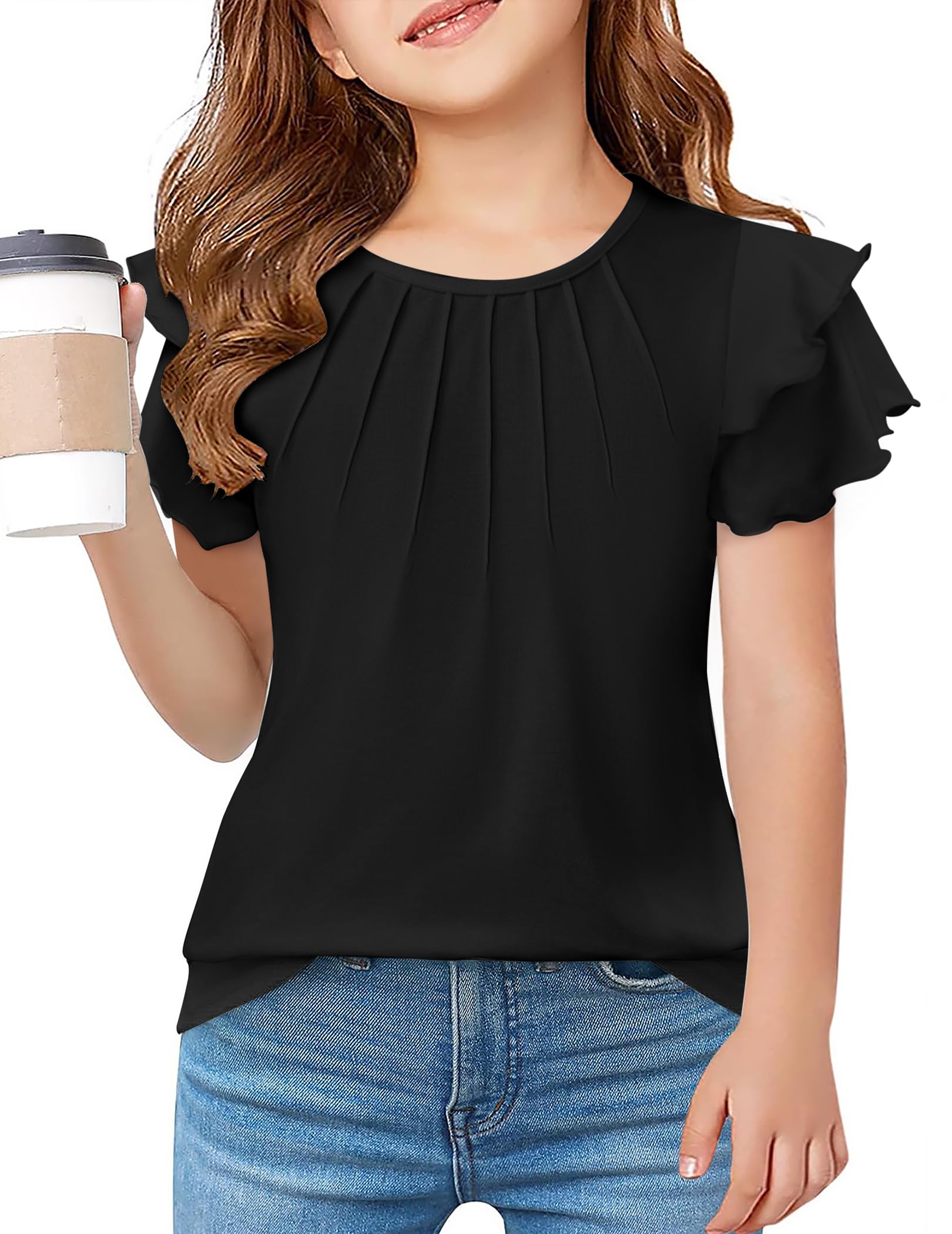 Arshiner Girls T Shirts Ruffle Short Sleeve Summer Pleated Crewneck Casual Tops Tees Blouses