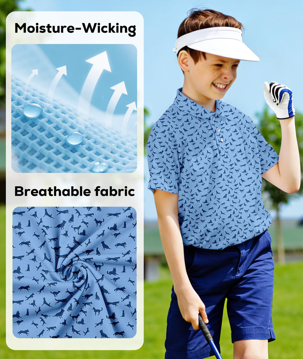 ZITY Boys Golf Polo Shirts Short Sleeve UPF 50+ Print Pattern Shirts for Youth Kids Funny School Uniform Collared T-Shirt