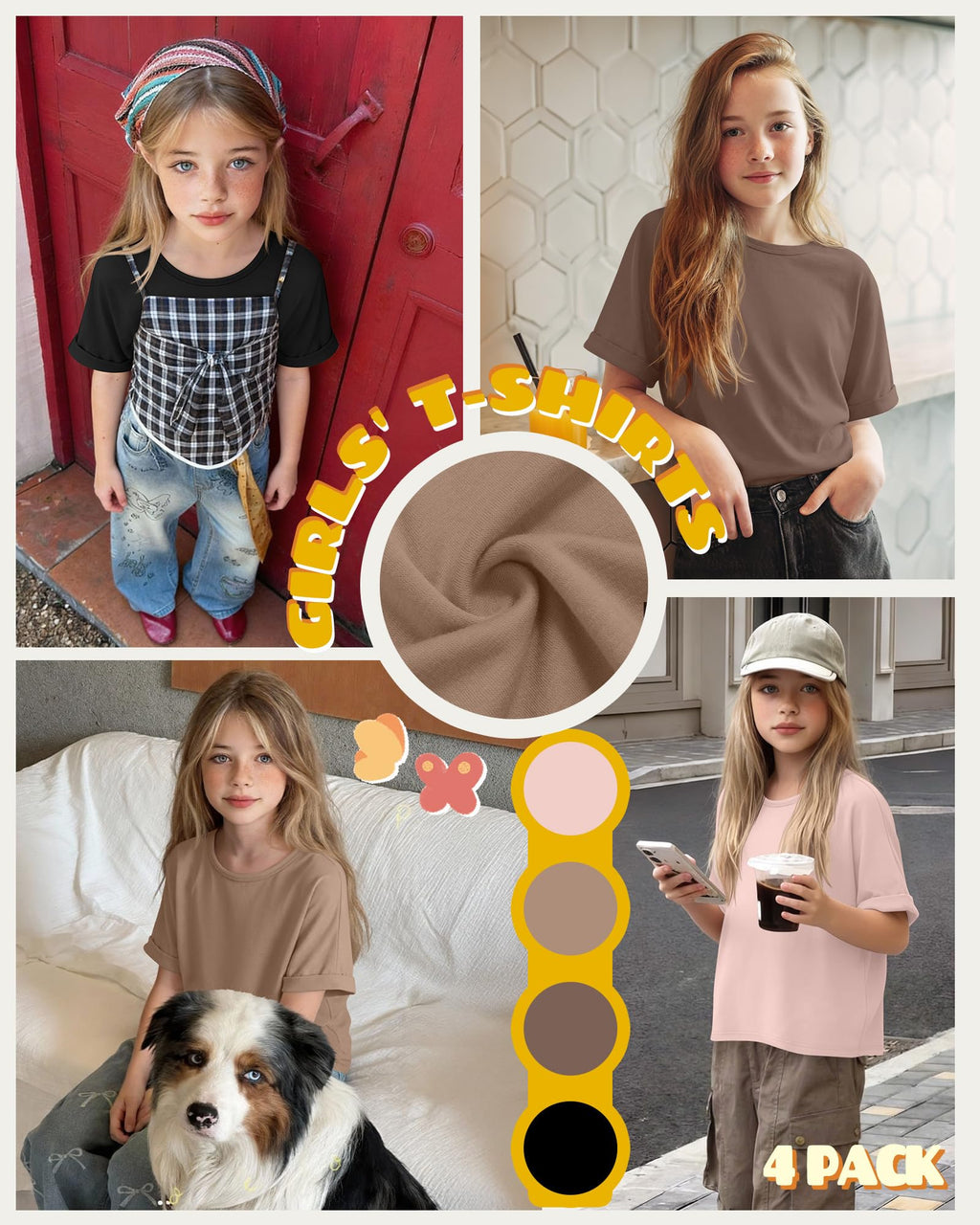 LessonZoo 4 Pack Girls' Oversized T-Shirts Rolled Short Sleeve Shirts Loose Fit Crew Neck Tops Casual Basic 5-14 Years Tees