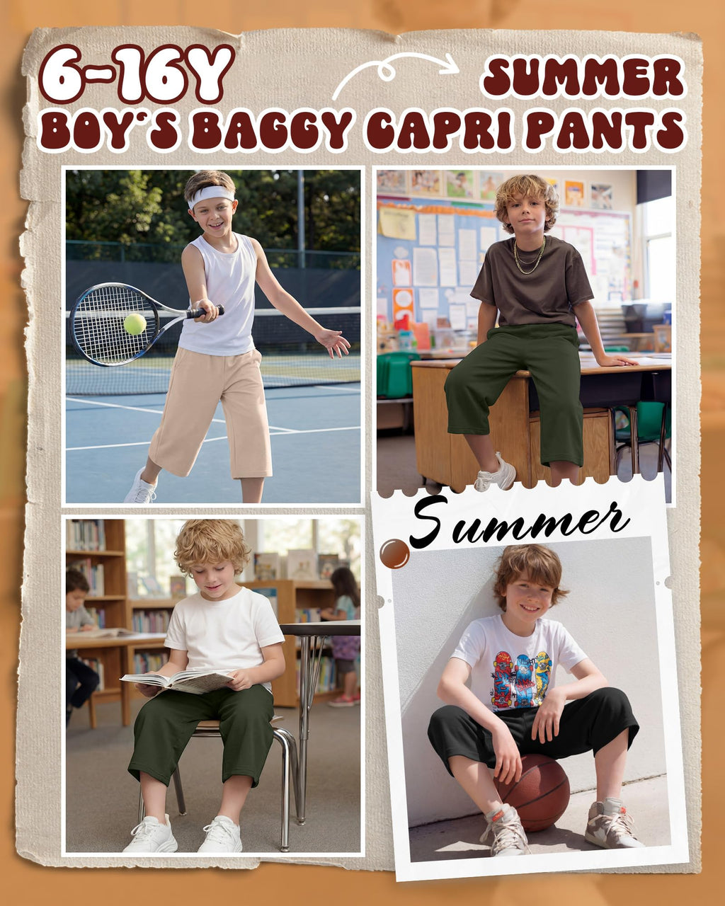 Langyiwee 3 Pack Boy's Long Shorts Wide Leg Athletic Lightweight Capri Pants with Pockets for 6-16 Years