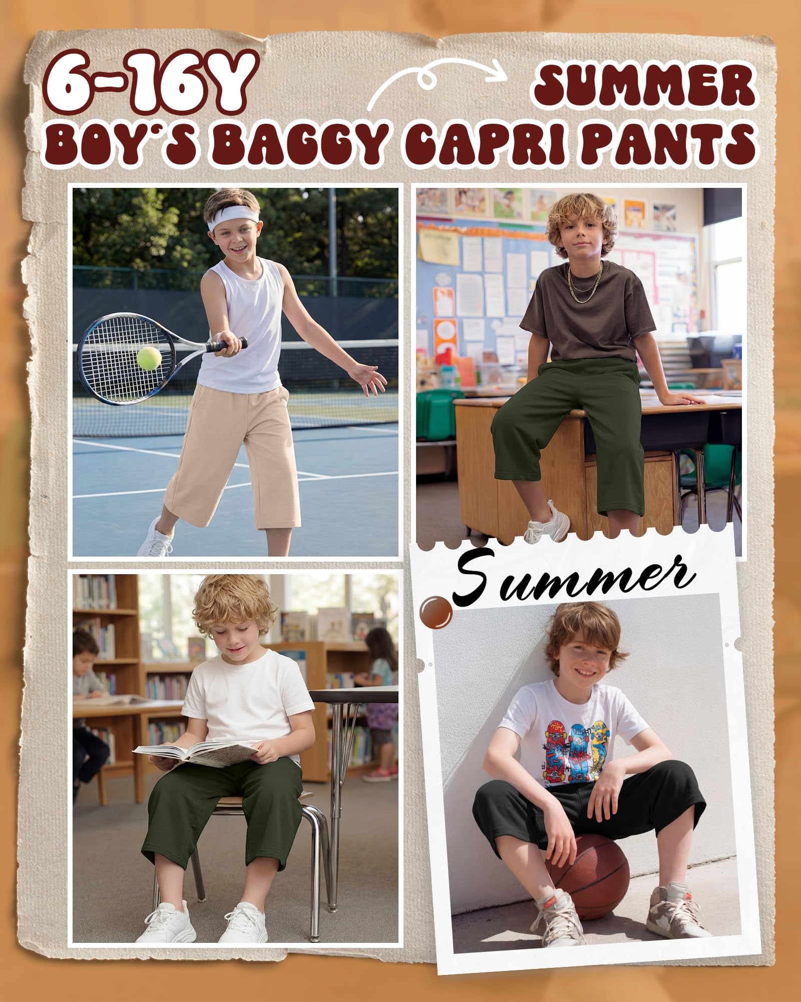 Langyiwee 3 Pack Boy's Long Shorts Wide Leg Athletic Lightweight Capri Pants with Pockets for 6-16 Years