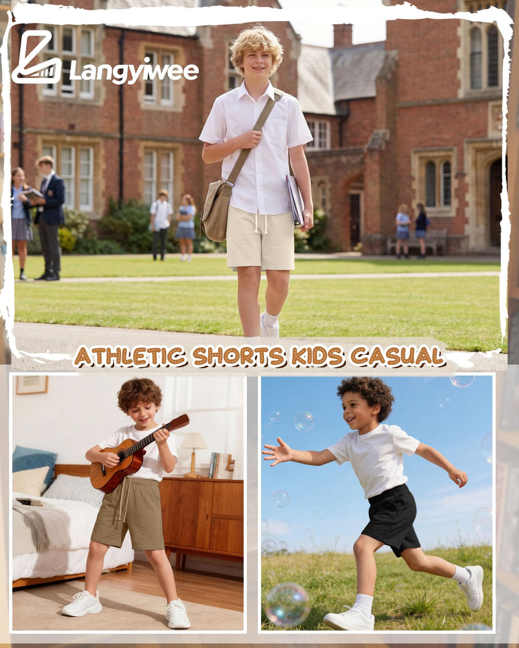 Langyiwee 3 Pack Boys Shorts Kids Baggy Athletic Sweat Shorts with Pockets Elastic Waist Summer Casual Joggers, 6-16 Years