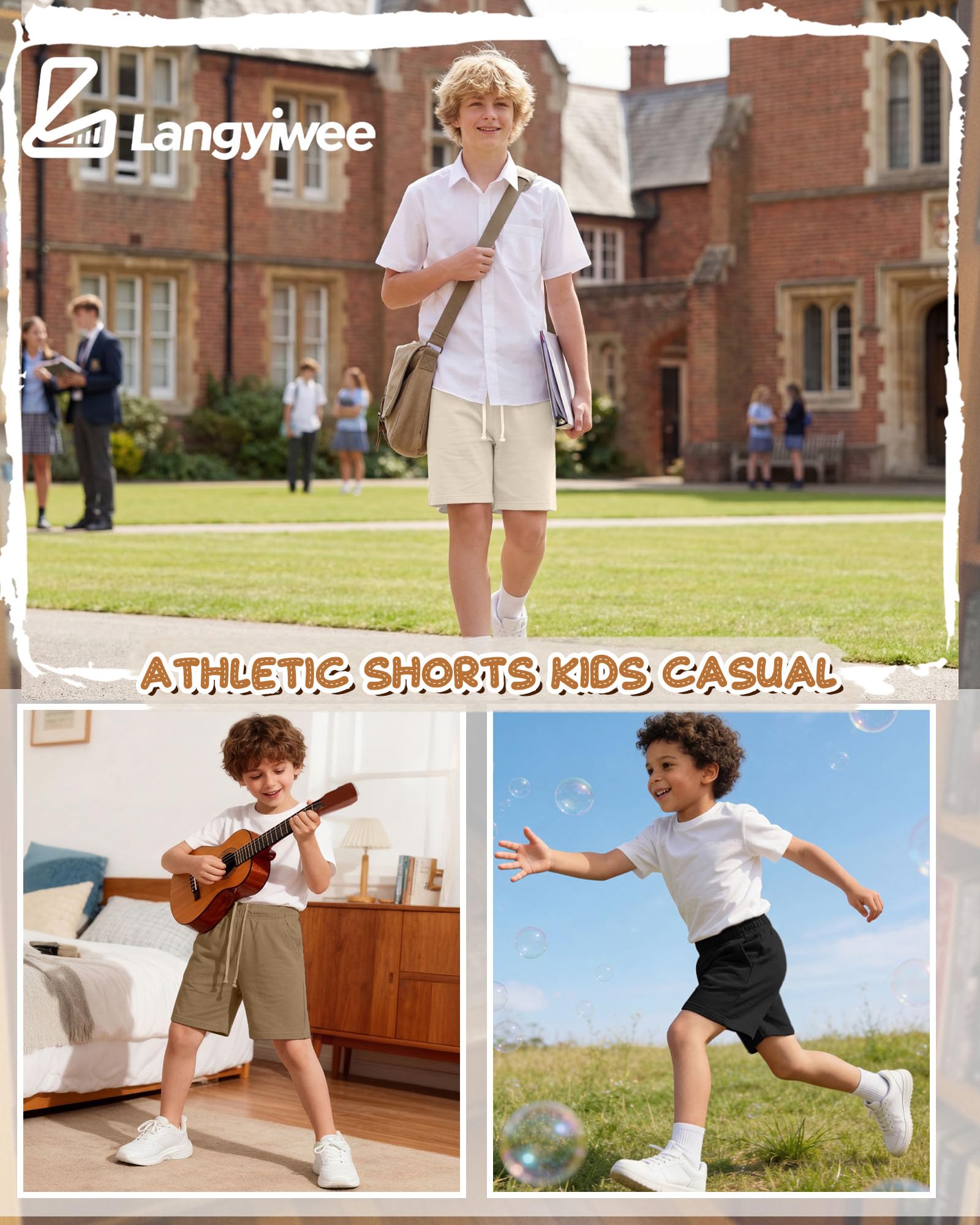 Langyiwee 3 Pack Boys Shorts Kids Baggy Athletic Sweat Shorts with Pockets Elastic Waist Summer Casual Joggers, 6-16 Years